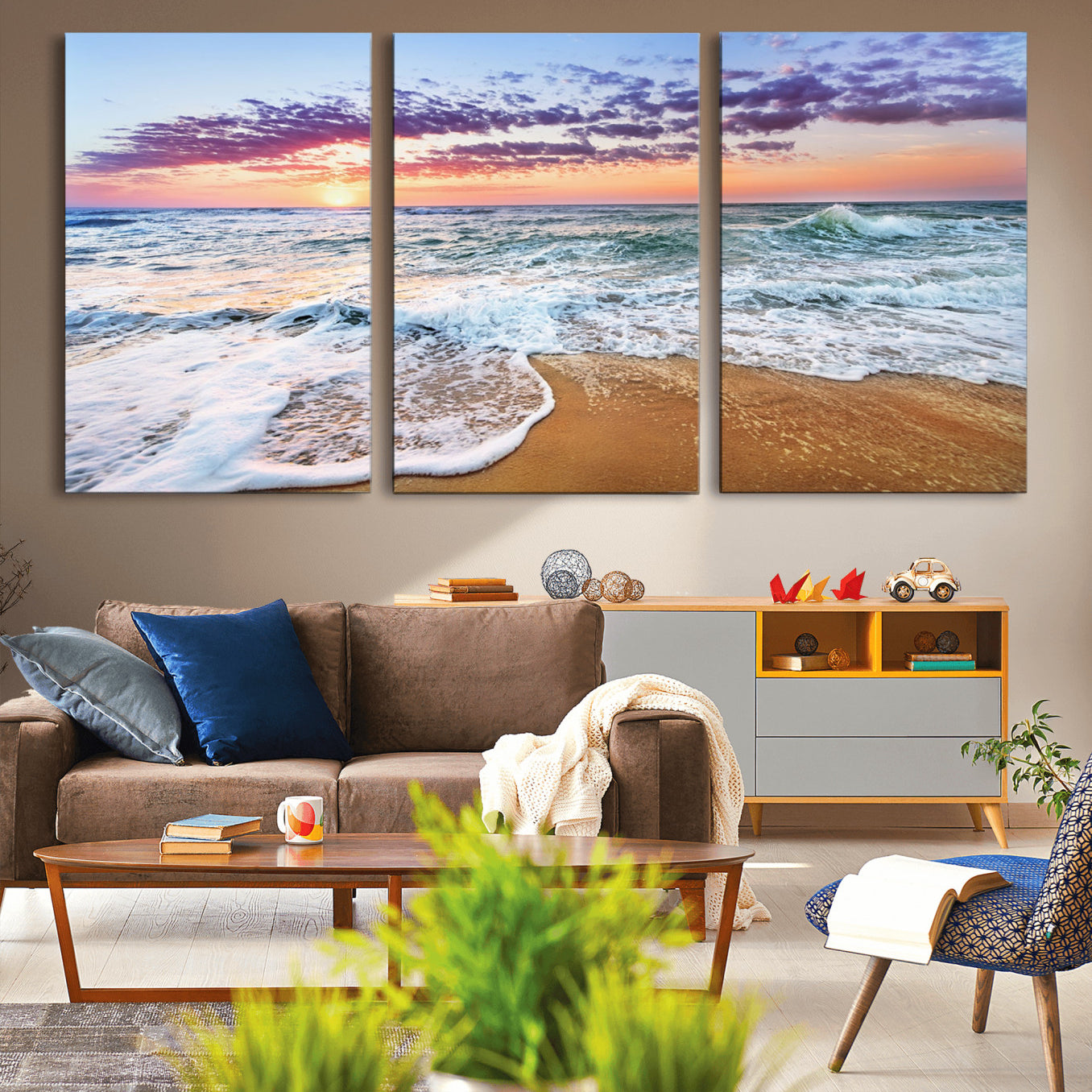 -Coastal Sunset Art Beach Canvas Wall Art Print | Ocean Waves Wall Art | Large 3-Panel Seascape for