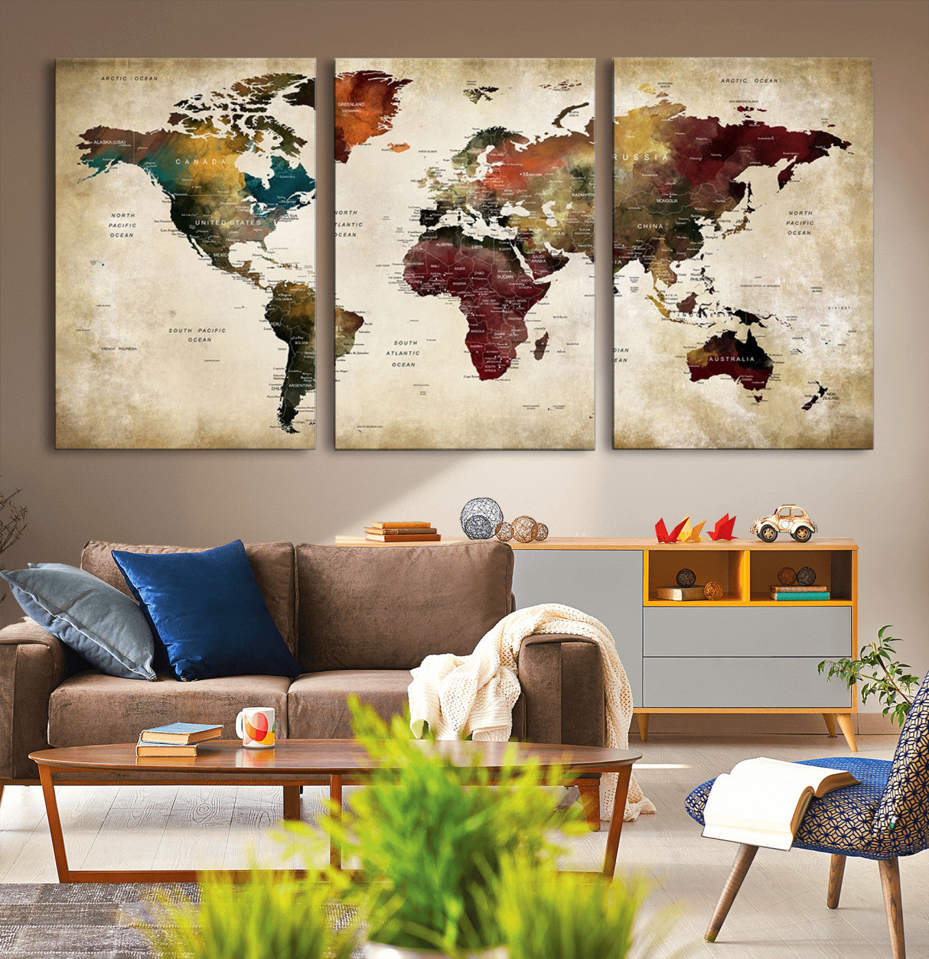 -World Map Wall Art Canvas Print, Framed Push Pin Map Art Picture Print, Abstract Traveller Map Perfect Modern Decor Artwork for Living Room or Office Decor