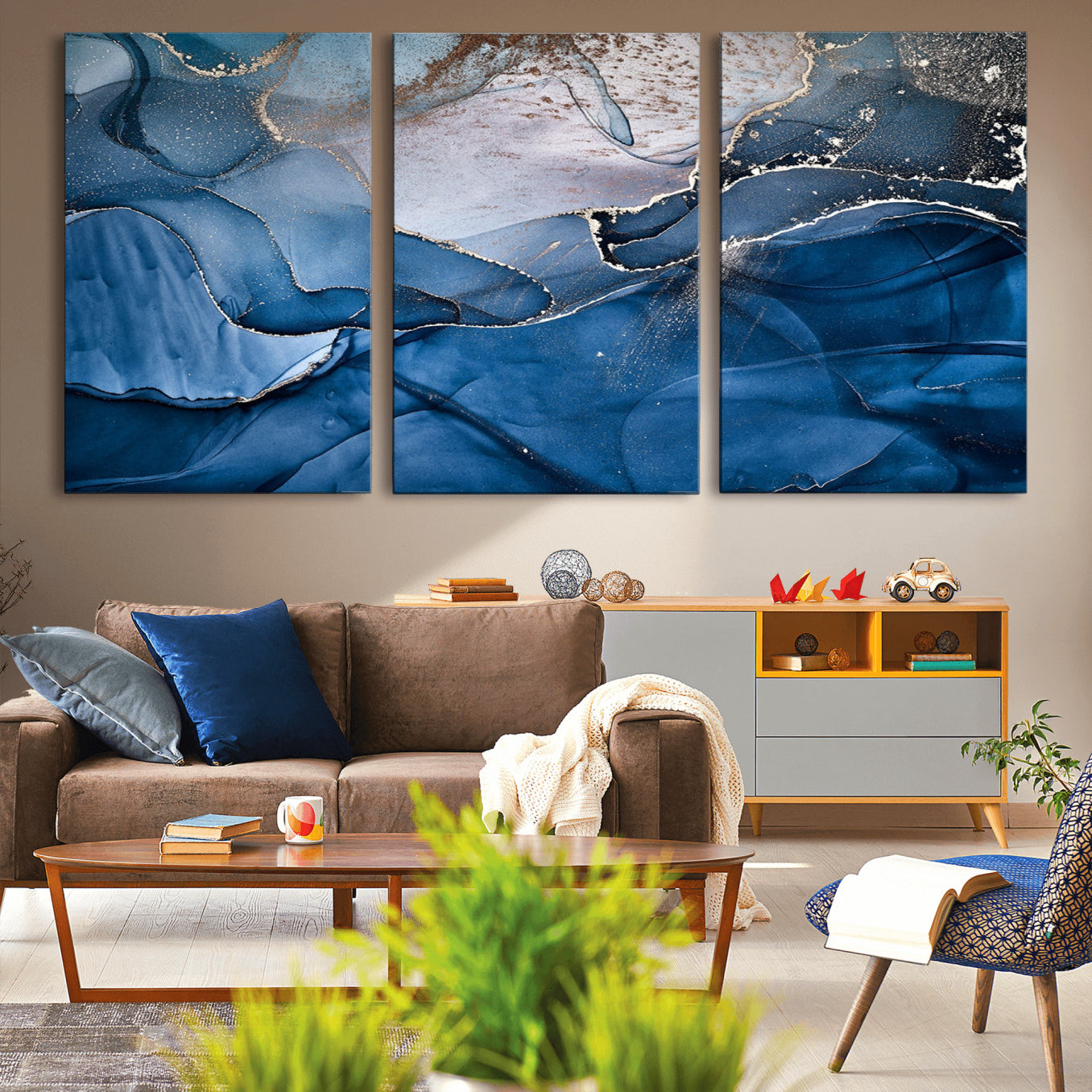 27810-MGV-CV-36X24-Navy Blue Canvas Art Abstract Print – Elegant Triptych Modern Art Print – Contemporary Decor for Living Room or Office