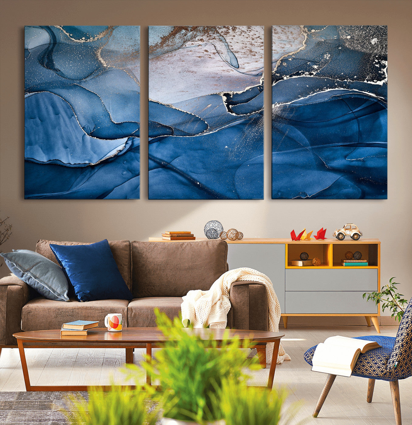 27810-MGV-CV-36X24-Navy Blue Canvas Art Abstract Print – Elegant Triptych Modern Art Print – Contemporary Decor for Living Room or Office