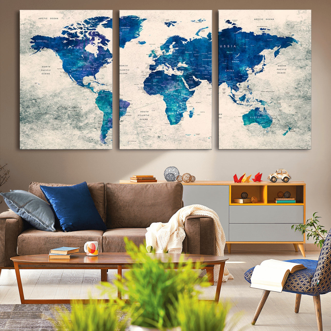 43947-MGV-CV-36X24-Blue Watercolor World Map Canvas Print – Framed Modern Wall Art, Elegant Push Pin Travel Map Decor for Home Office or Living Room