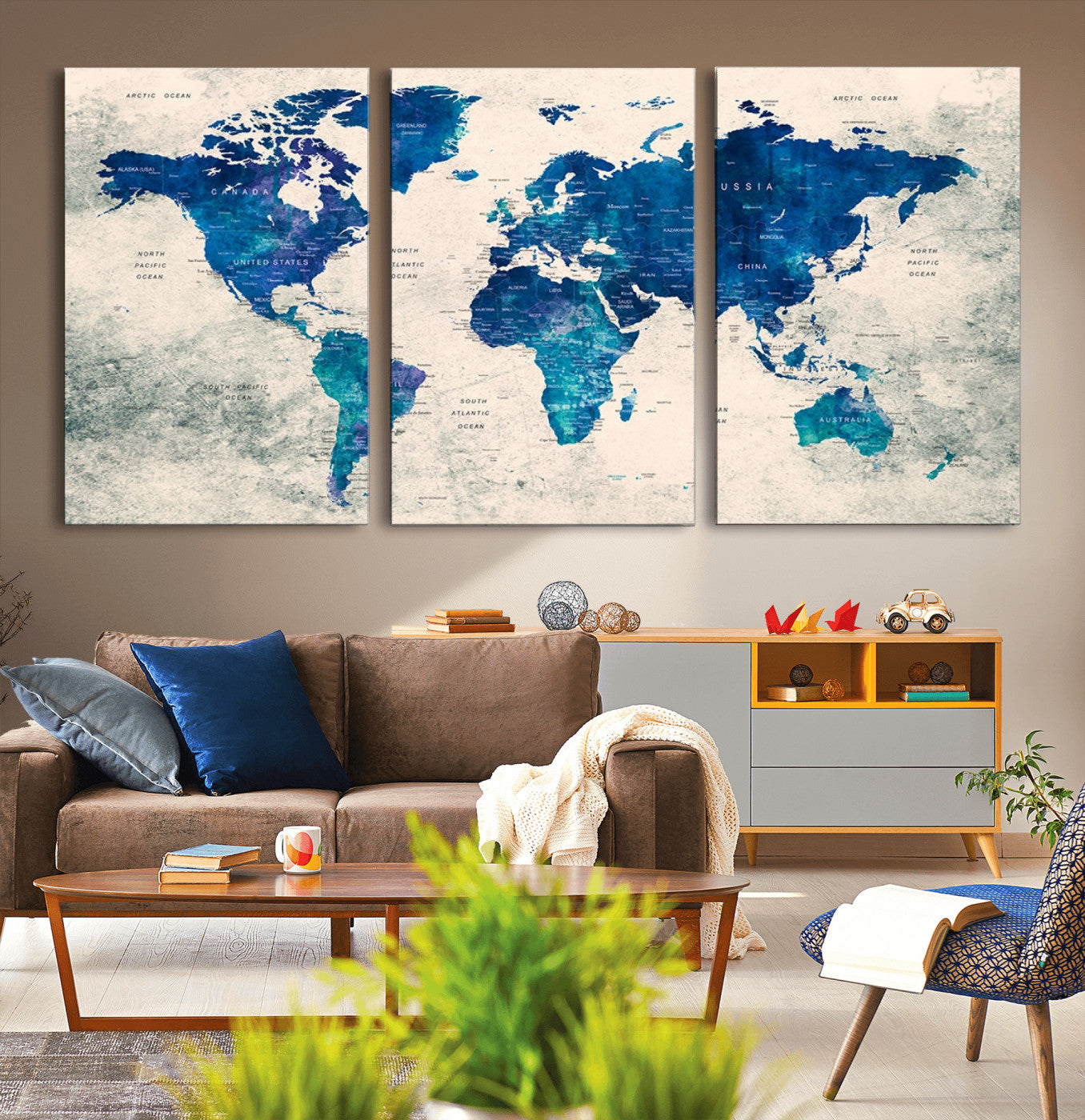 43947-MGV-CV-36X24-Blue Watercolor World Map Canvas Print – Framed Modern Wall Art, Elegant Push Pin Travel Map Decor for Home Office or Living Room