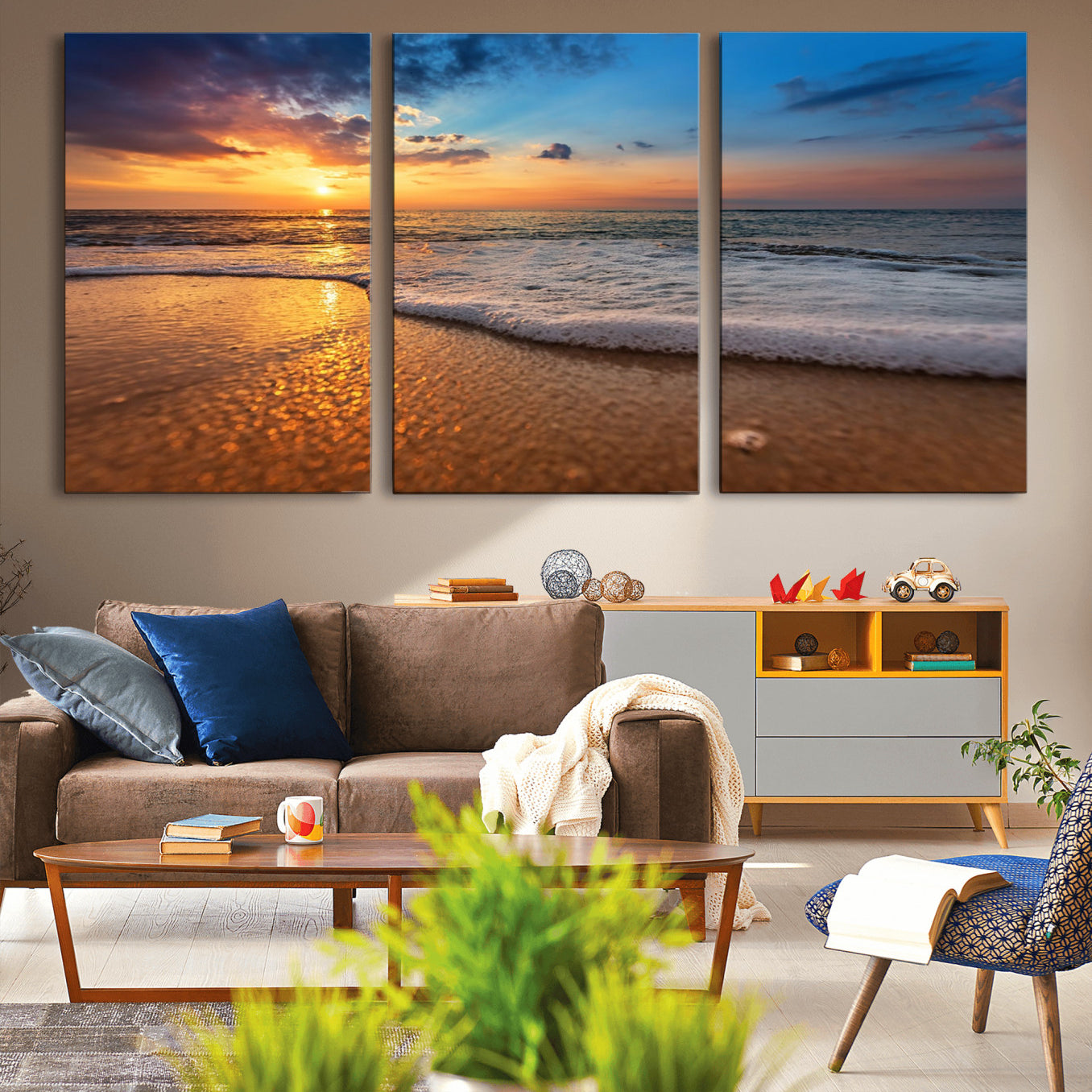 -Sunset and Beach at Night Wall Art Canvas Print