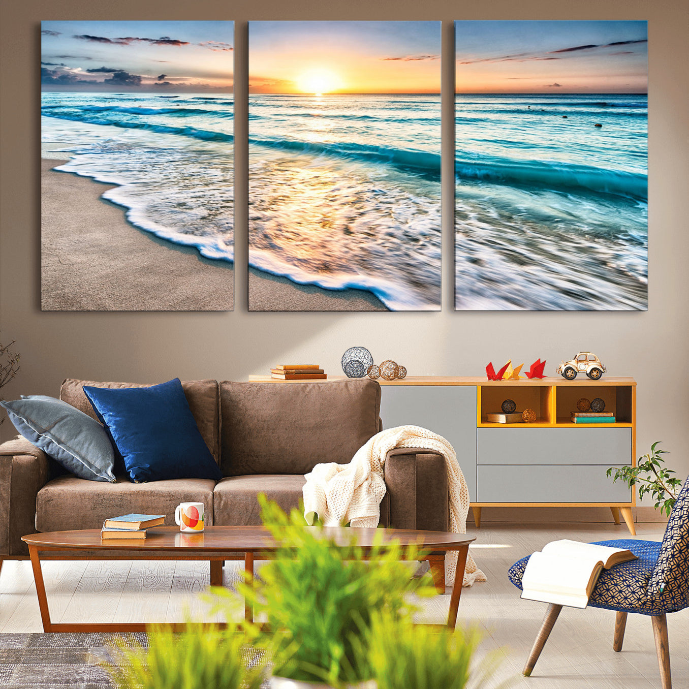 27815-MGV-CV-36X24-Sunset Beach Waves Canvas Wall Art – 5-Panel Ocean Sunset Print – Coastal Decor for Living Room or