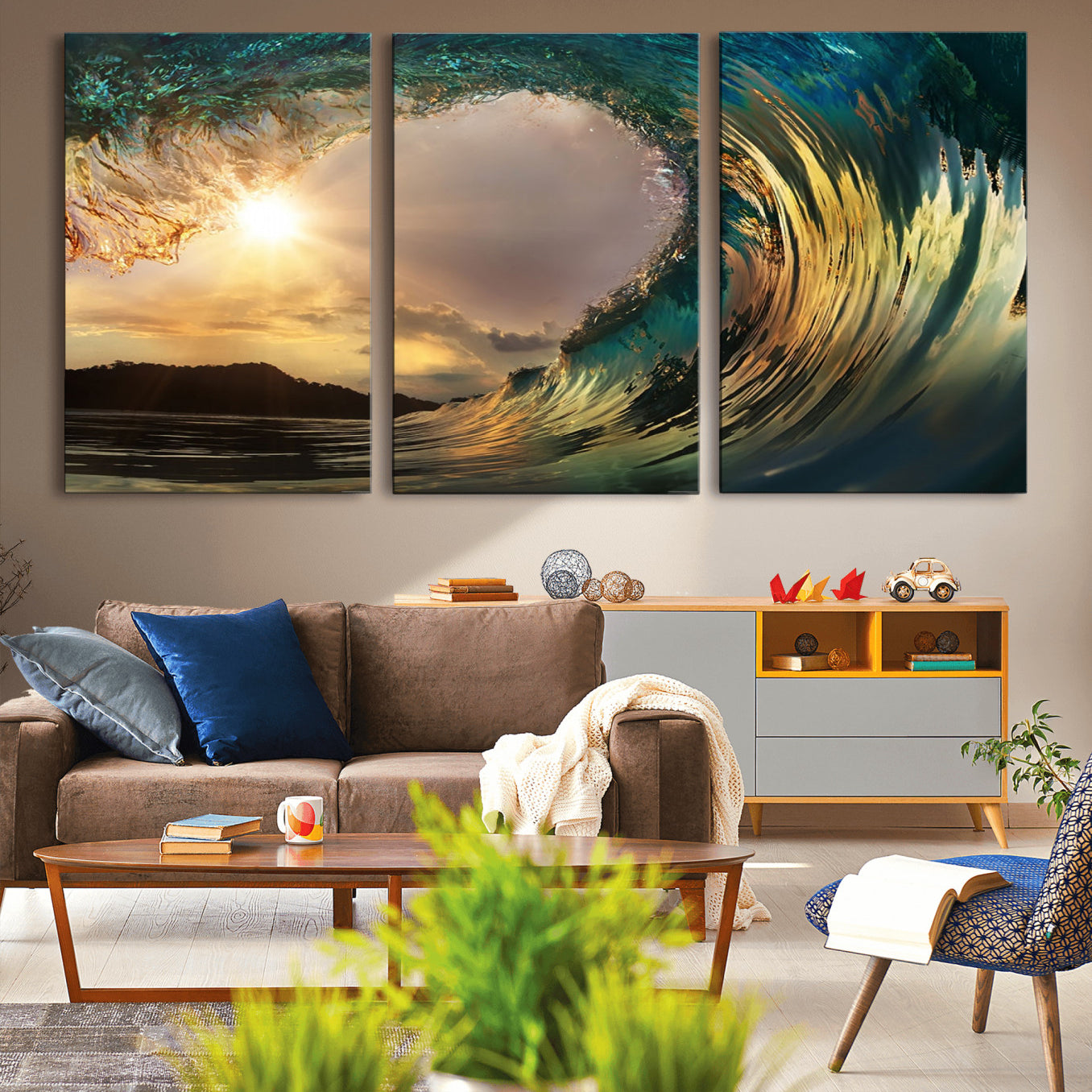 -Golden Wave Sunset Canvas Print – Large Coastal Wall Art for Nature Lovers, Captivating Ocean Wave
