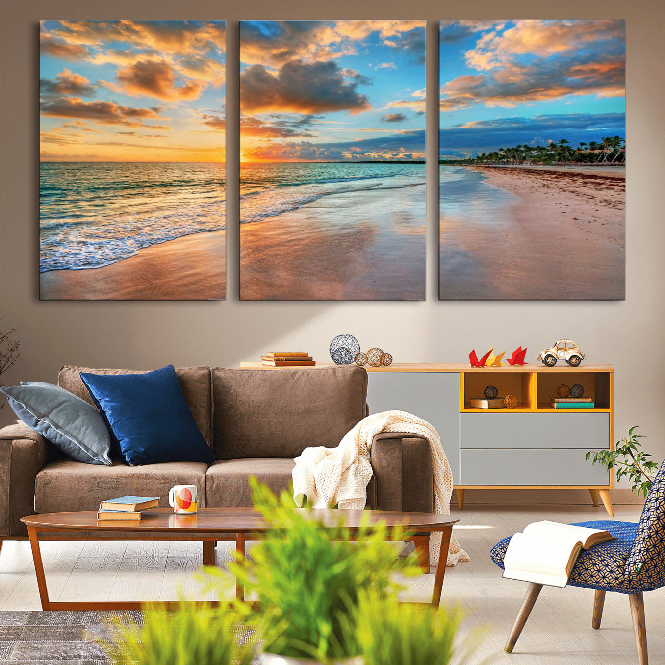 41572-MGV-CV-36X24-Sunset Beach Canvas Wall Art – Tropical Triptych Seascape Print – Coastal Ocean Decor for Living