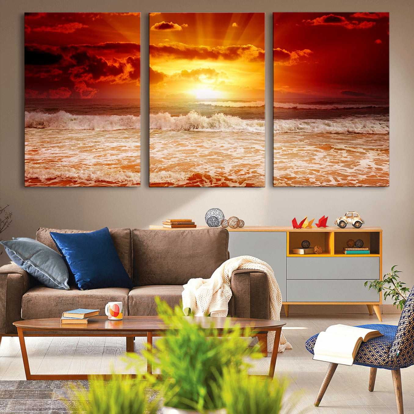 -Red Sunset Ocean Beach Canvas Wall Art Beach Canvas, Coastal Sunset Print