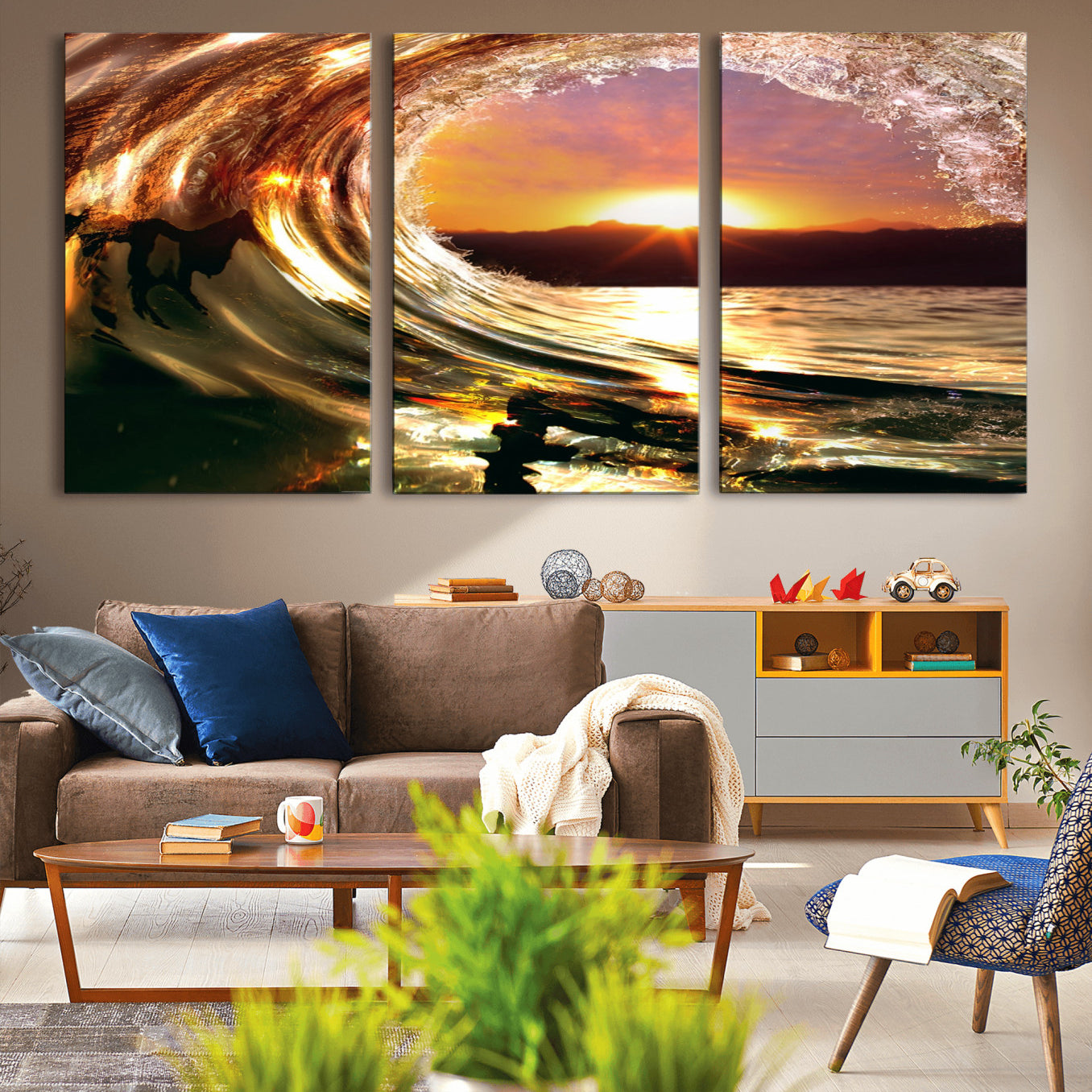-Golden Wave Sunset Triptych Canvas Art, Giclee Canvas Print of Ocean Wave and Sunset, Framed Ocean