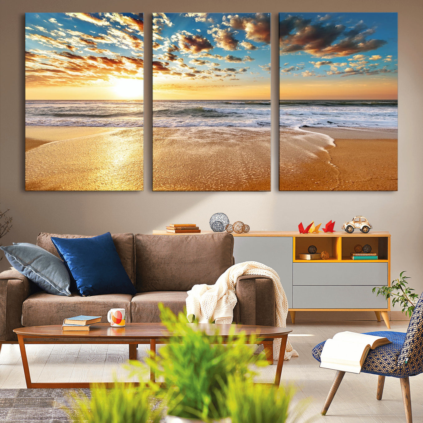 -Golden Sunset Beach Print Canvas Wall Art, Giclee Canvas Print with Canon Print Quality, Triptych