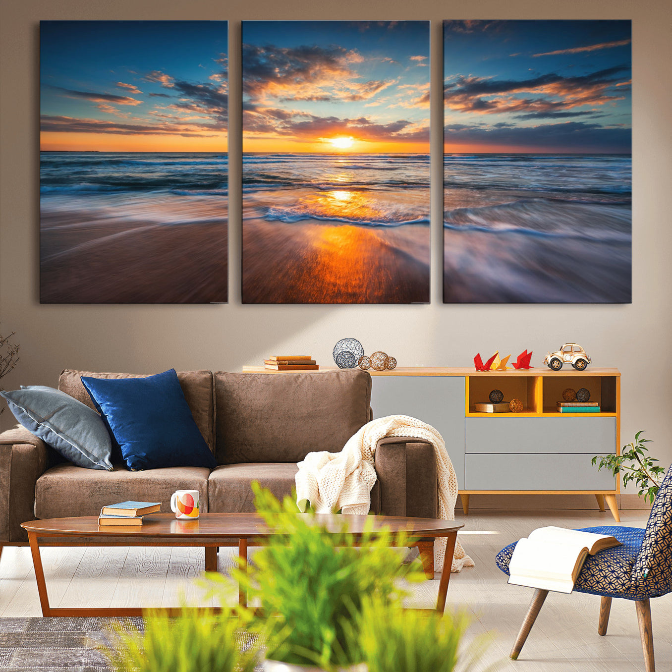-Sunset on the Ocean Beach with Waves, Reflections on Sand, Coastal Wall Art Print, Beach Wall Art,