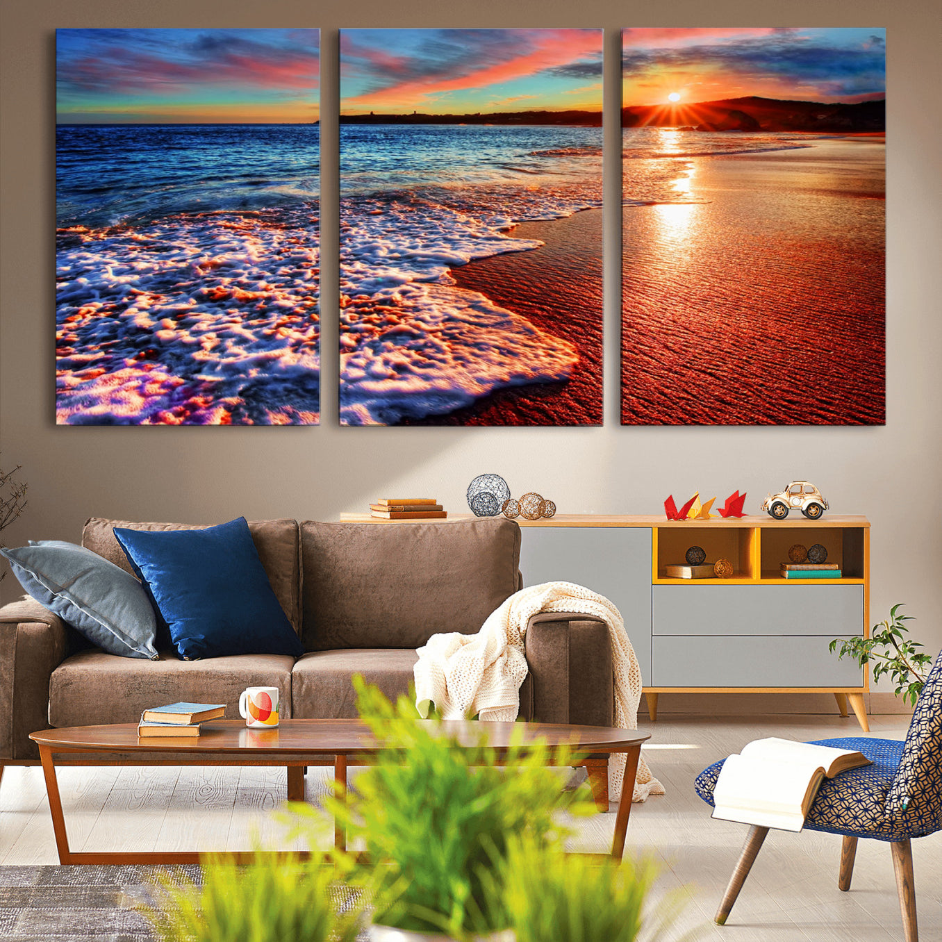 47729-MGV-CV-60X30-3P-Colorful Coastal Sunset on the Beach Canvas Print, Ocean Waves Crashing at Dusk, Multi-Panel
