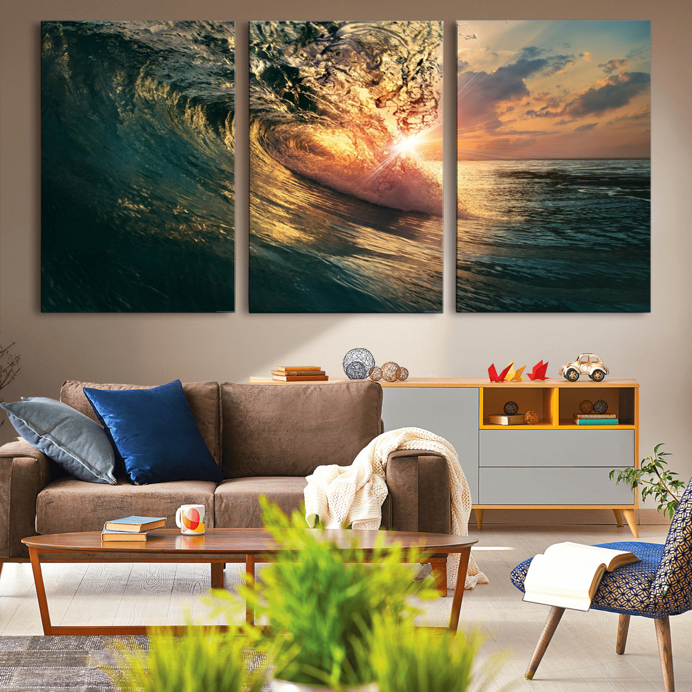 -Ocean Wave Sunset Canvas Wall Art – Triptych Seascape Print – Framed and Ready to Hang for Living