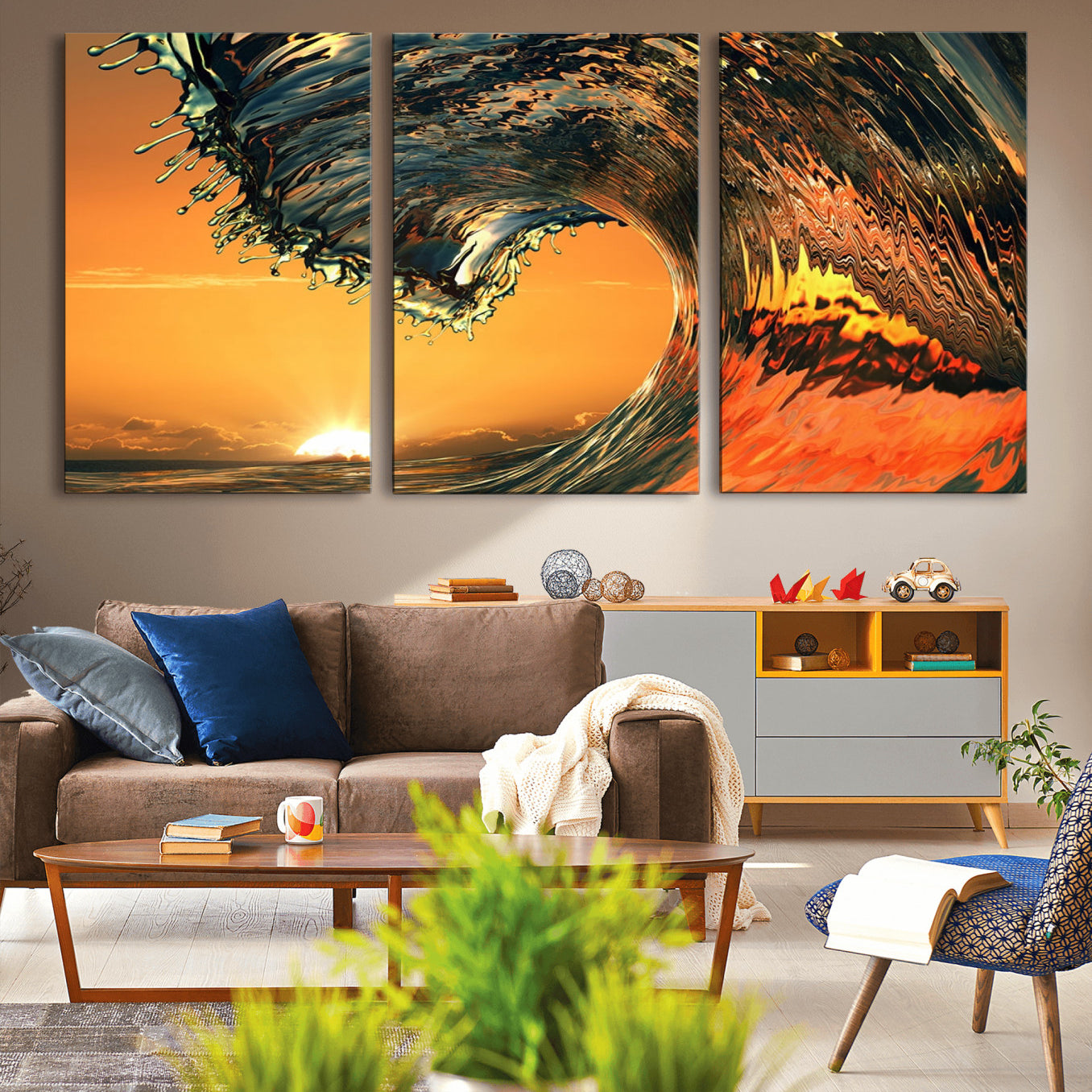 -Surf Wave Sunset Canvas Wall Art Print, 3-Panel Ocean Coastal Wall Art Print, Ocean Decor for