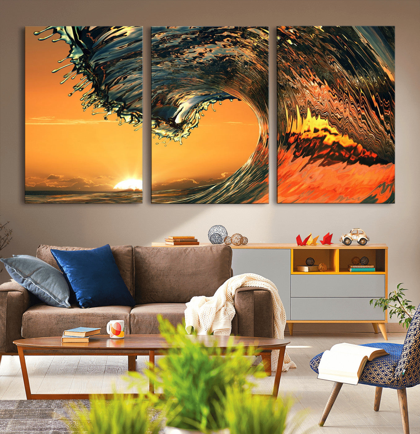 -Surf Wave Sunset Canvas Wall Art Print, 3-Panel Ocean Coastal Wall Art Print, Ocean Decor for