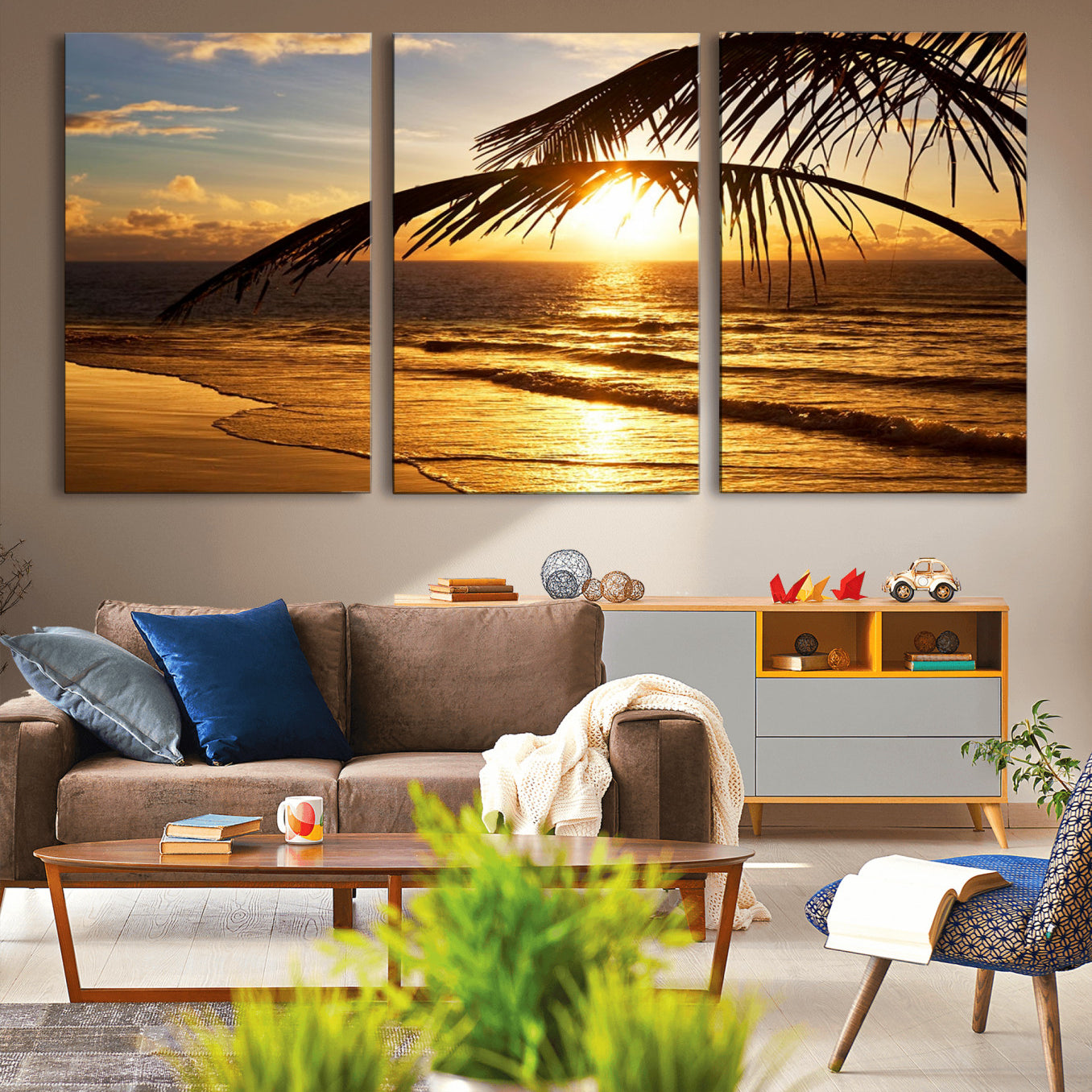 -Golden Tropical Beach Sunset Canvas Triptych, Coastal Palm Tree Wall Art, Ocean Shoreline Giclee