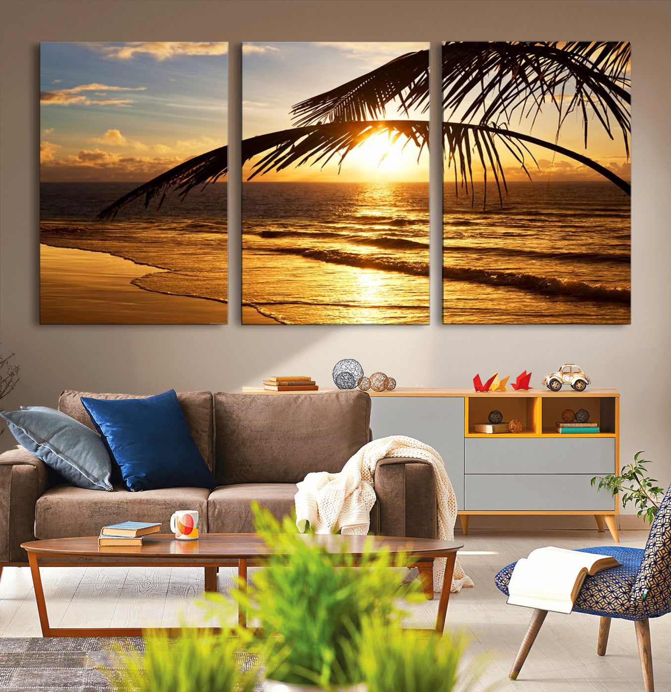 -Golden Tropical Beach Sunset Canvas Triptych, Coastal Palm Tree Wall Art, Ocean Shoreline Giclee