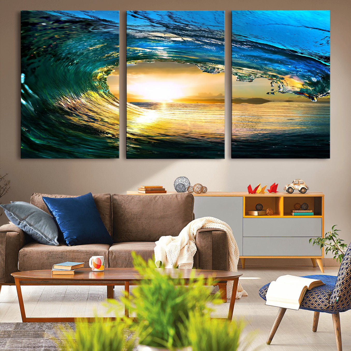 -Ocean Wave at Sunset Canvas Art, Large Wall Print of Vibrant Water Waves, Coastal Art for Living