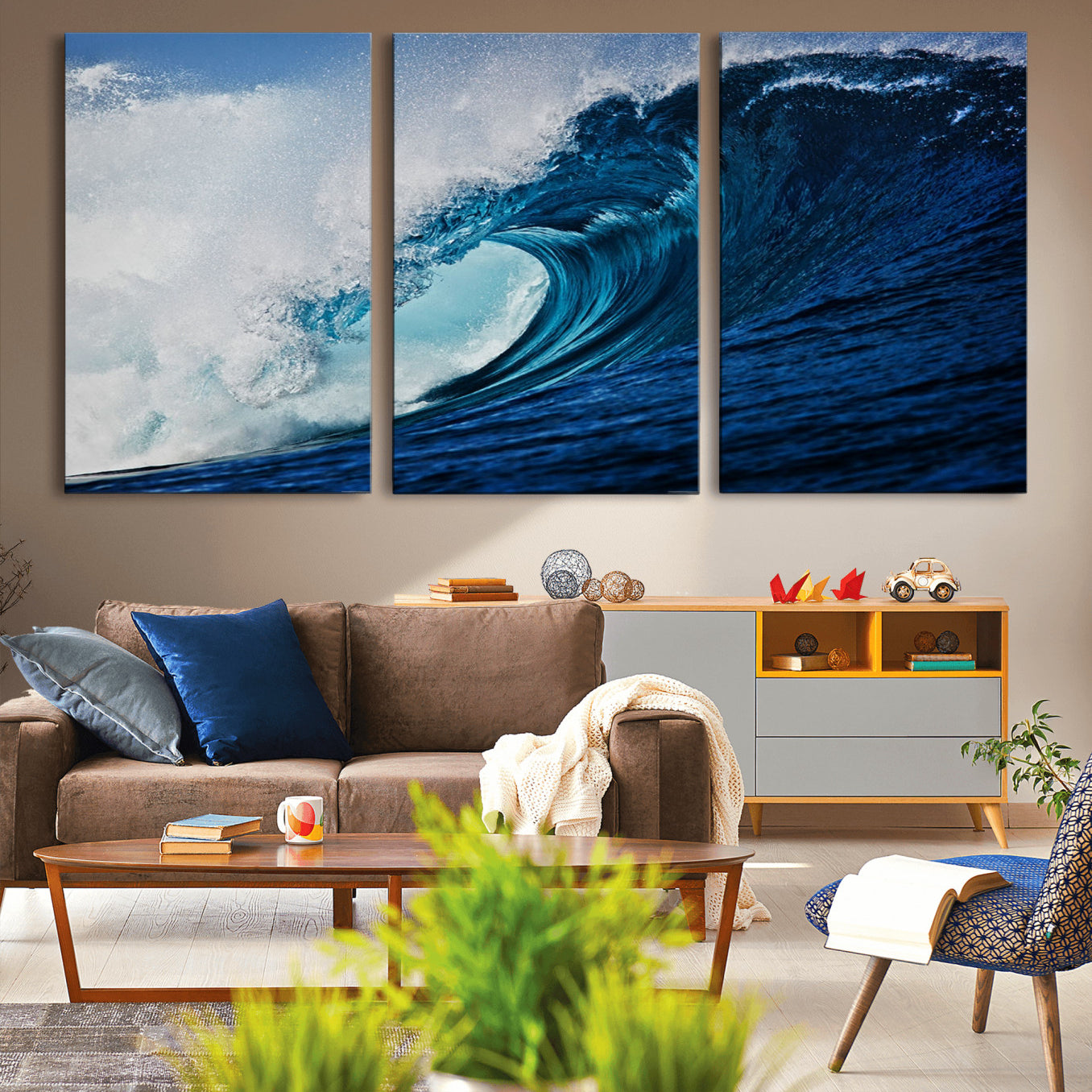 -Ocean Wave at Sunset Canvas Art, Large Wall Print of Vibrant Water Waves, Coastal Art for Living