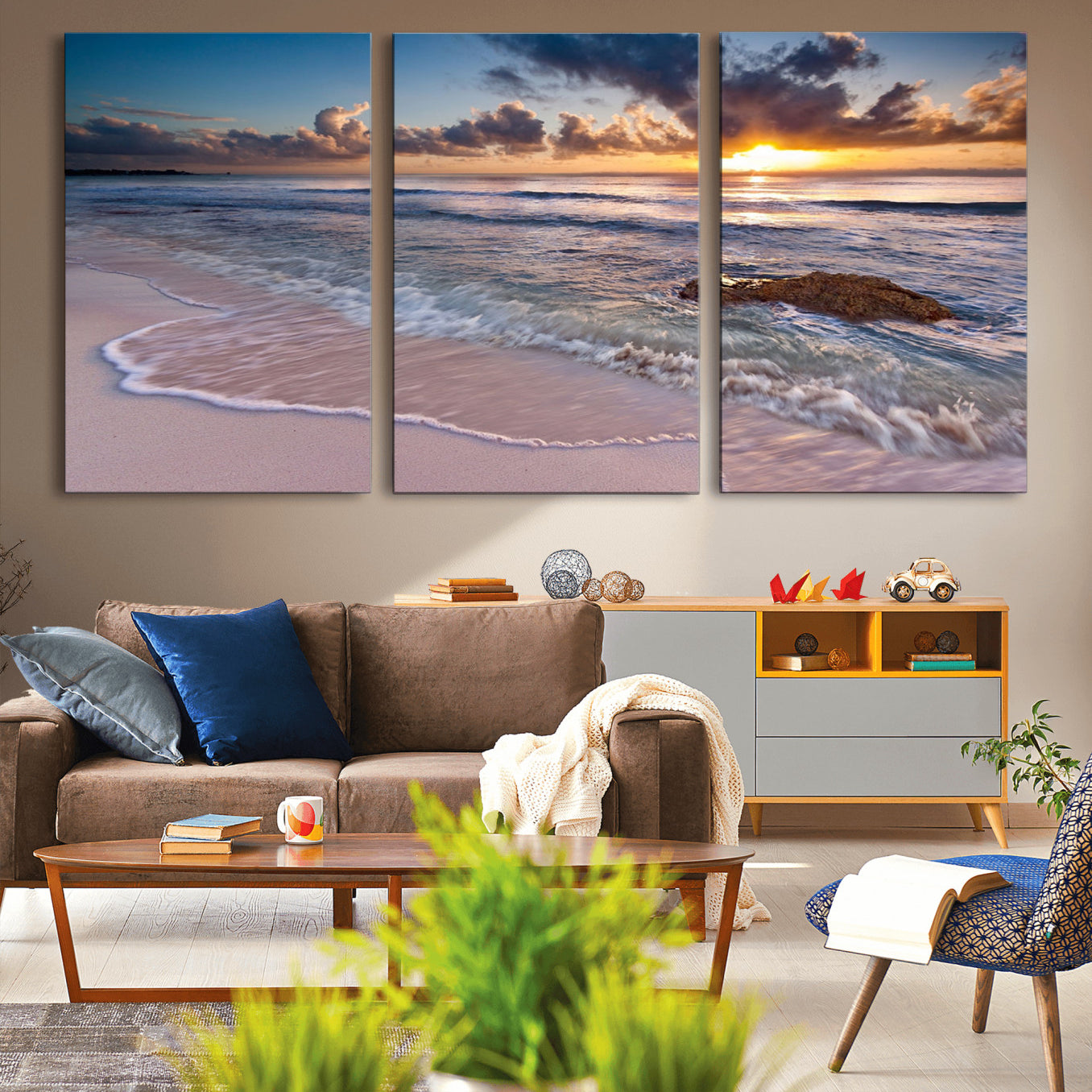 -Sea Ocean Sunset Beach Wall Art Canvas Print