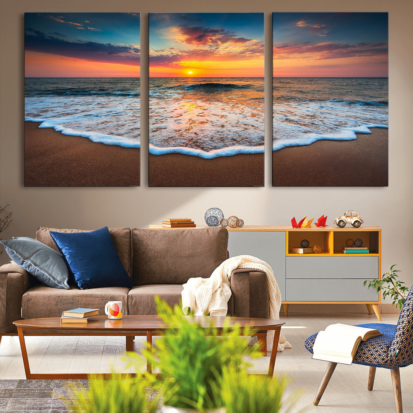 -Sunset Beach Canvas Wall Art – Colorful Ocean Waves Triptych – Coastal Decor for Living Room or