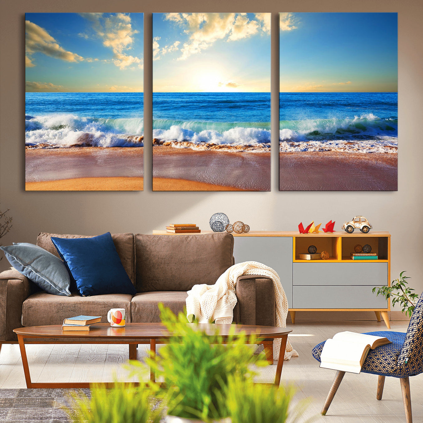 -Tropical Beach Sunset Canvas Art, Ocean Waves and Sandy Shoreline Wall Art, Large Beach Decor for
