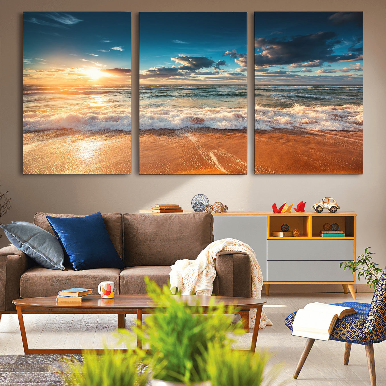 -Golden Sunset Beach Triptych Canvas Art, Giclee Coastal Wall Decor, Ocean Waves Print, Modern Beach