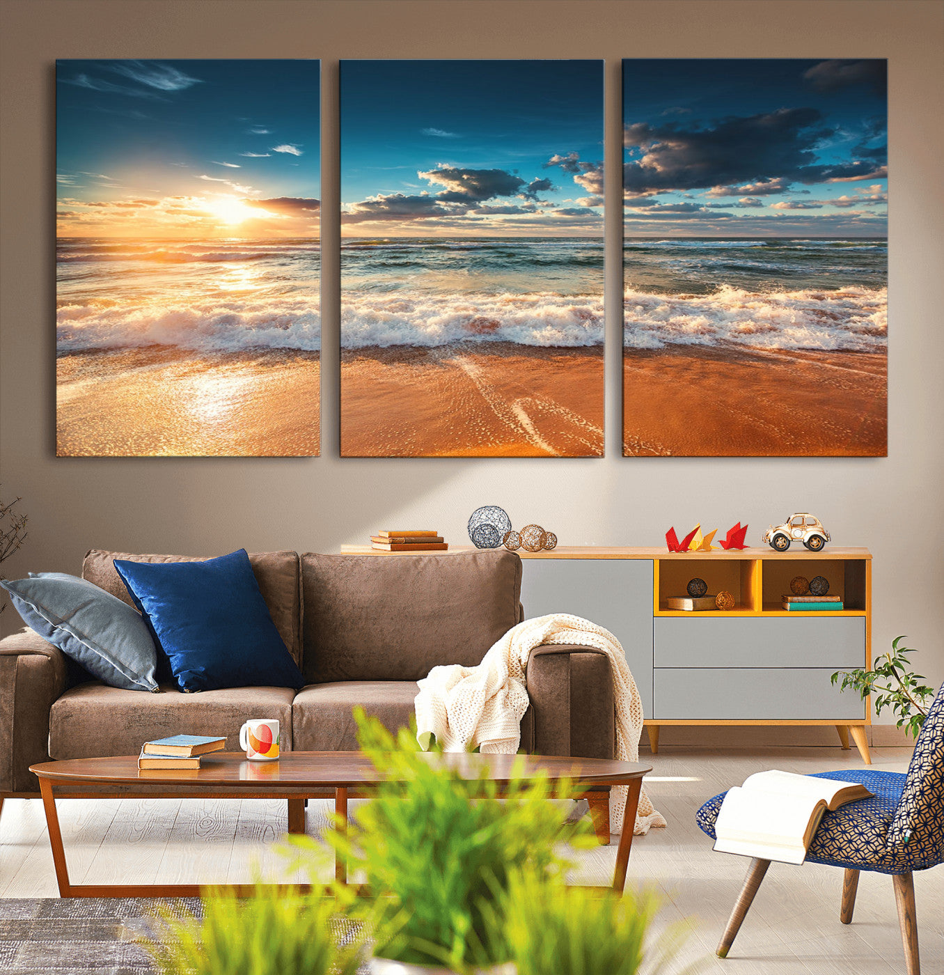 -Golden Sunset Beach Triptych Canvas Art, Giclee Coastal Wall Decor, Ocean Waves Print, Modern Beach