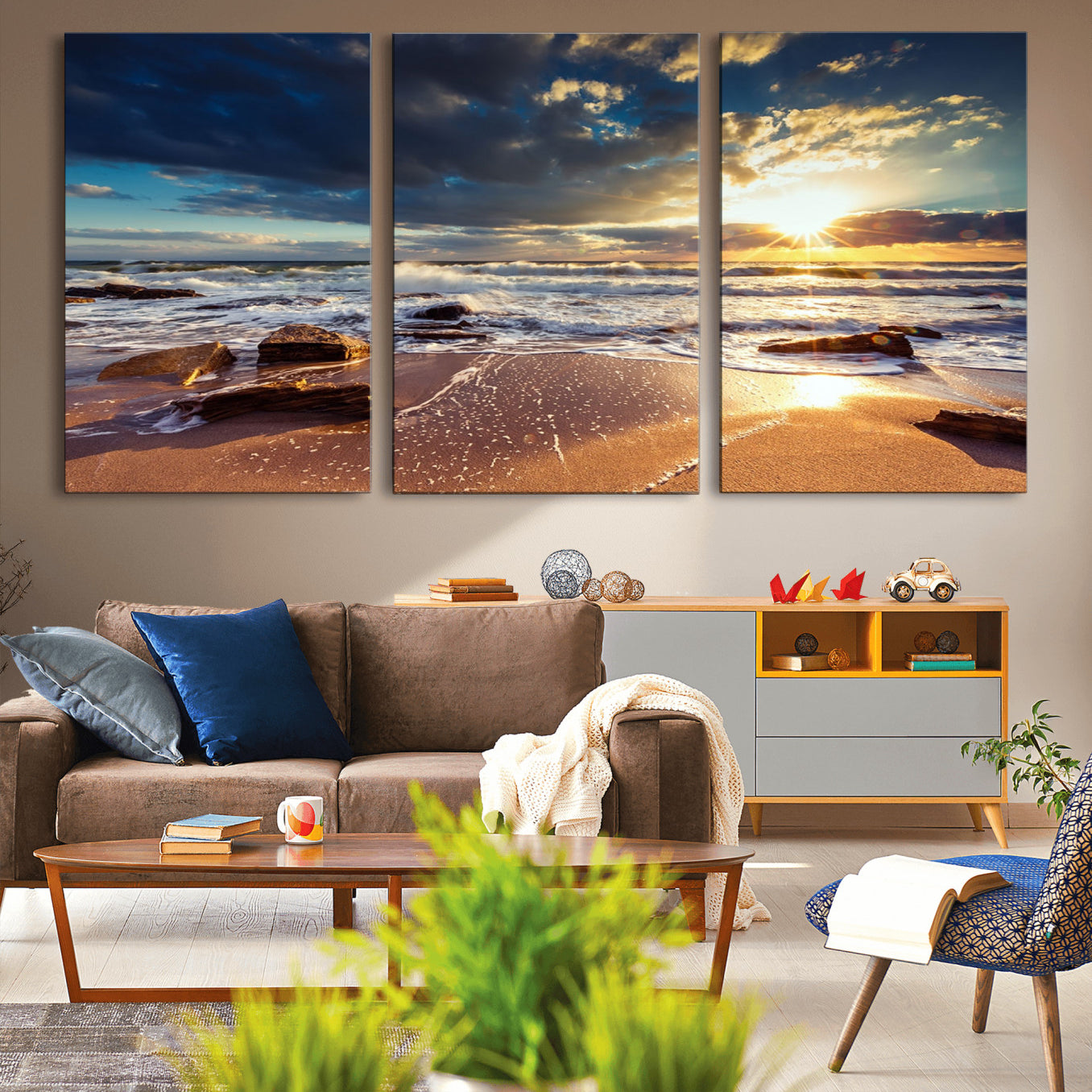 -Golden Hour Beach Sunset Canvas Triptych, Ocean Waves and Rocks Wall Art for Coastal Home Decor