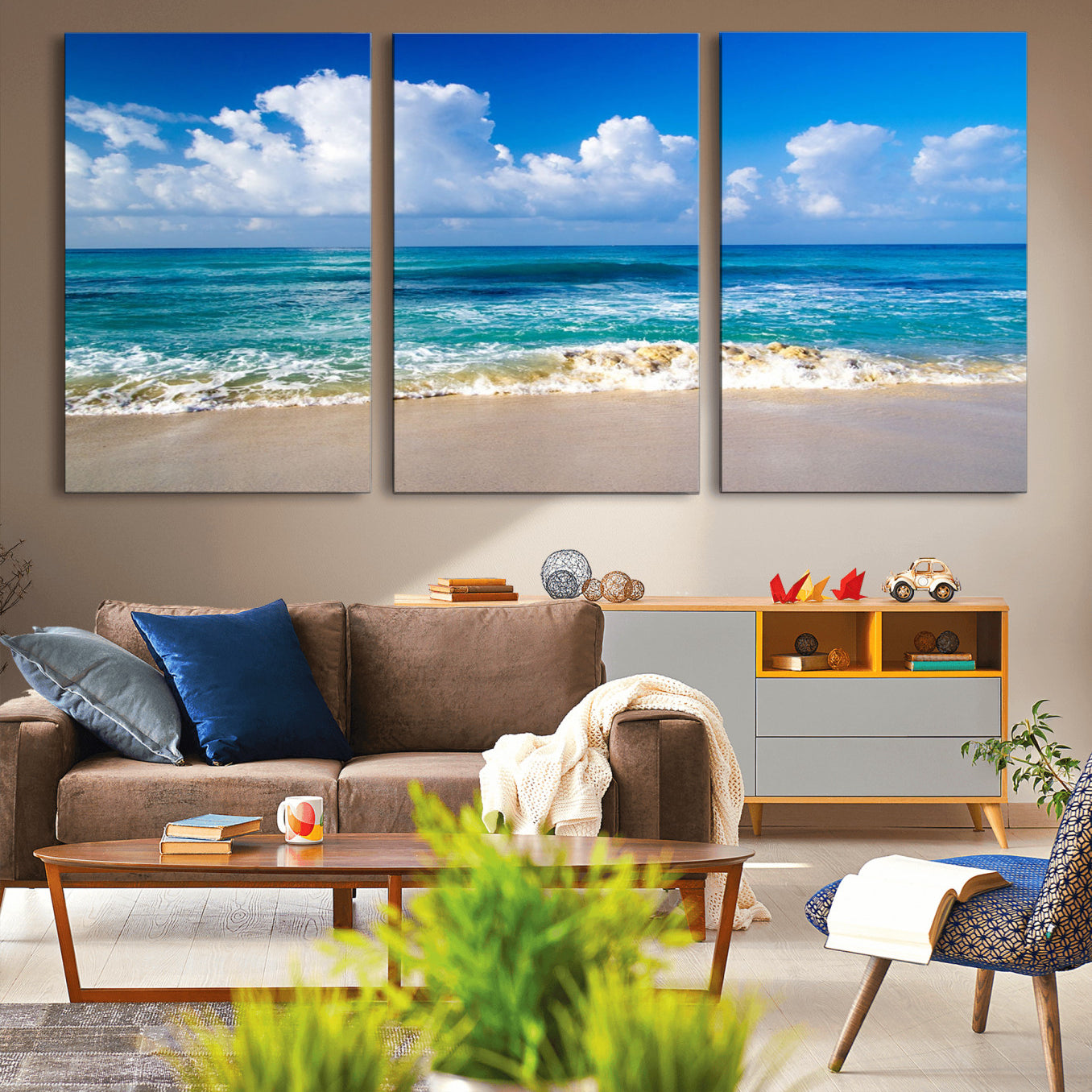 -Tropical Beach 3-Panel Canvas Wall Art – Serene Ocean Waves and Blue Sky Wall Art Print