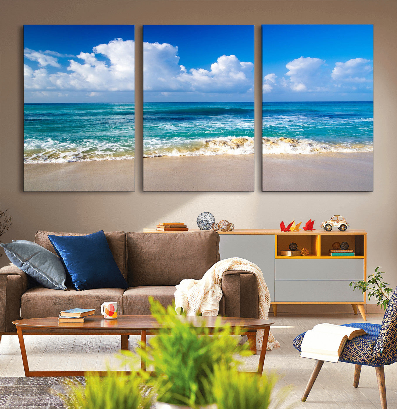 -Tropical Beach 3-Panel Canvas Wall Art – Serene Ocean Waves and Blue Sky Wall Art Print