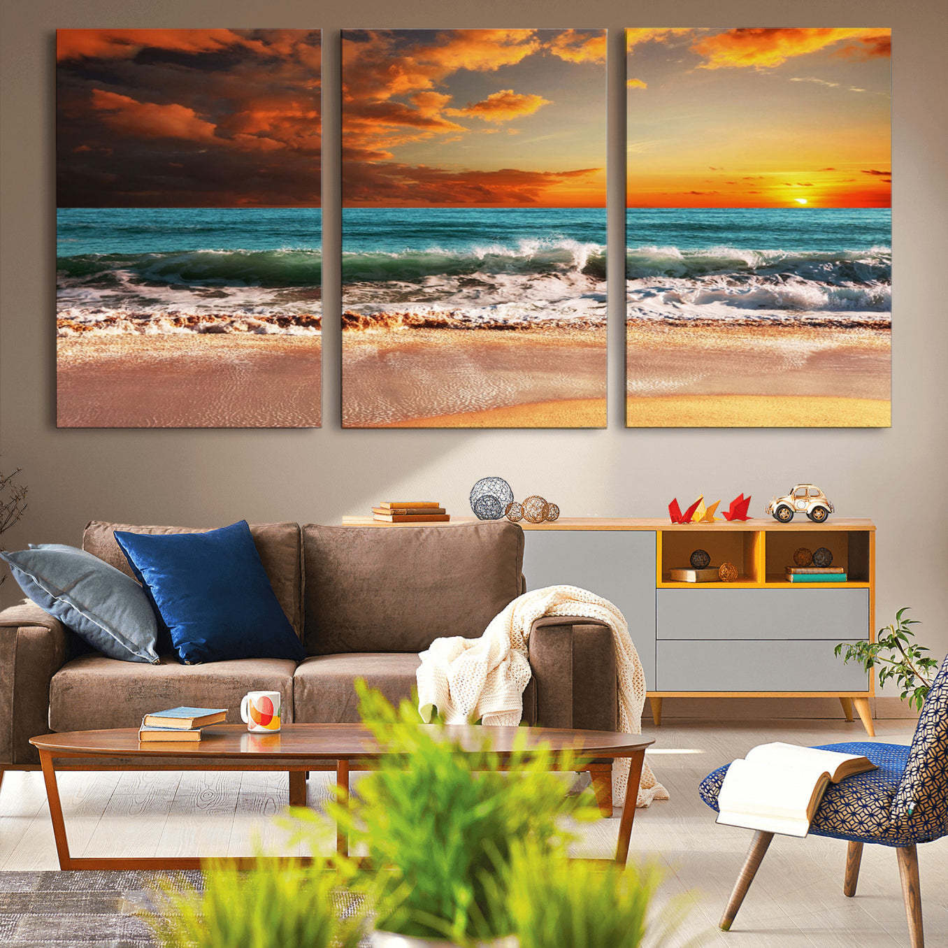 -Golden Sunset Beach Canvas Wall Art – Triptych Seascape Print – Framed and Ready to Hang for Living