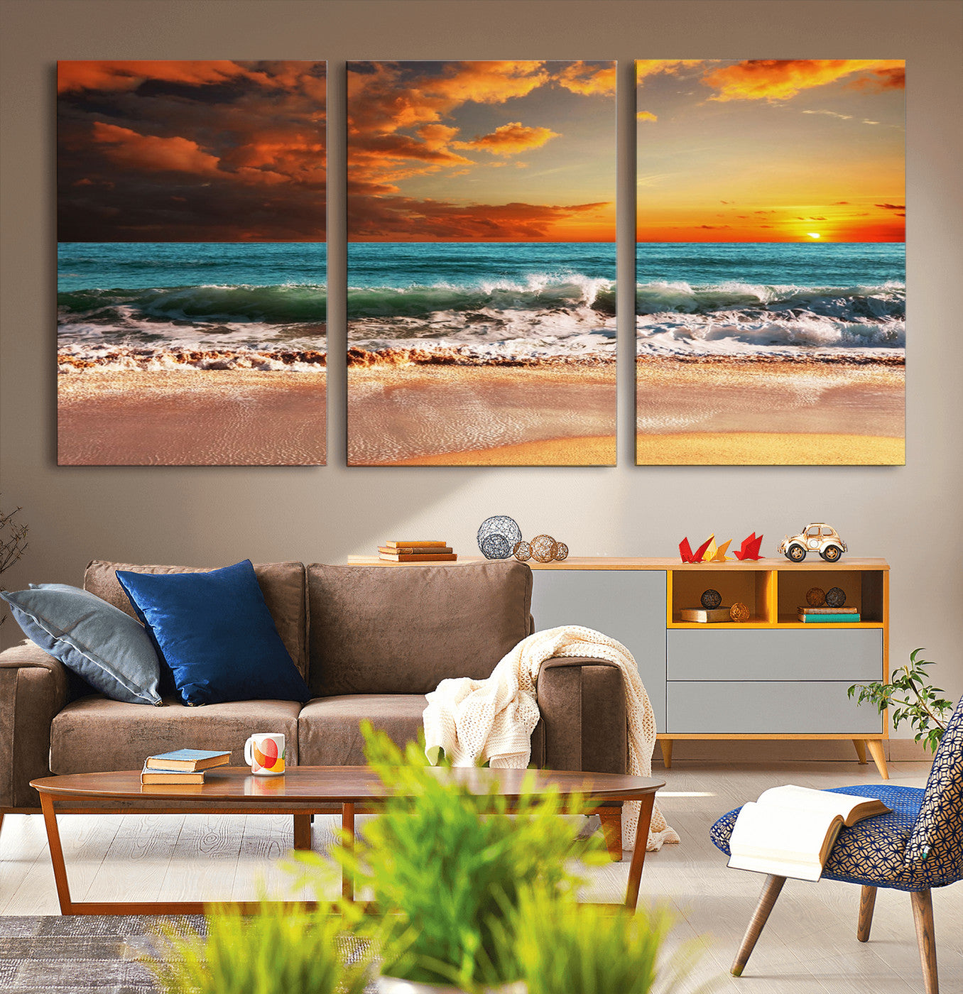 -Golden Sunset Beach Canvas Wall Art – Triptych Seascape Print – Framed and Ready to Hang for Living