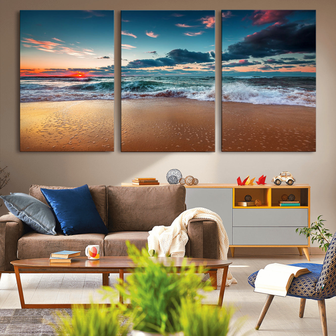 -Sunset on Beach Wall Art Ocean Beach Canvas Print