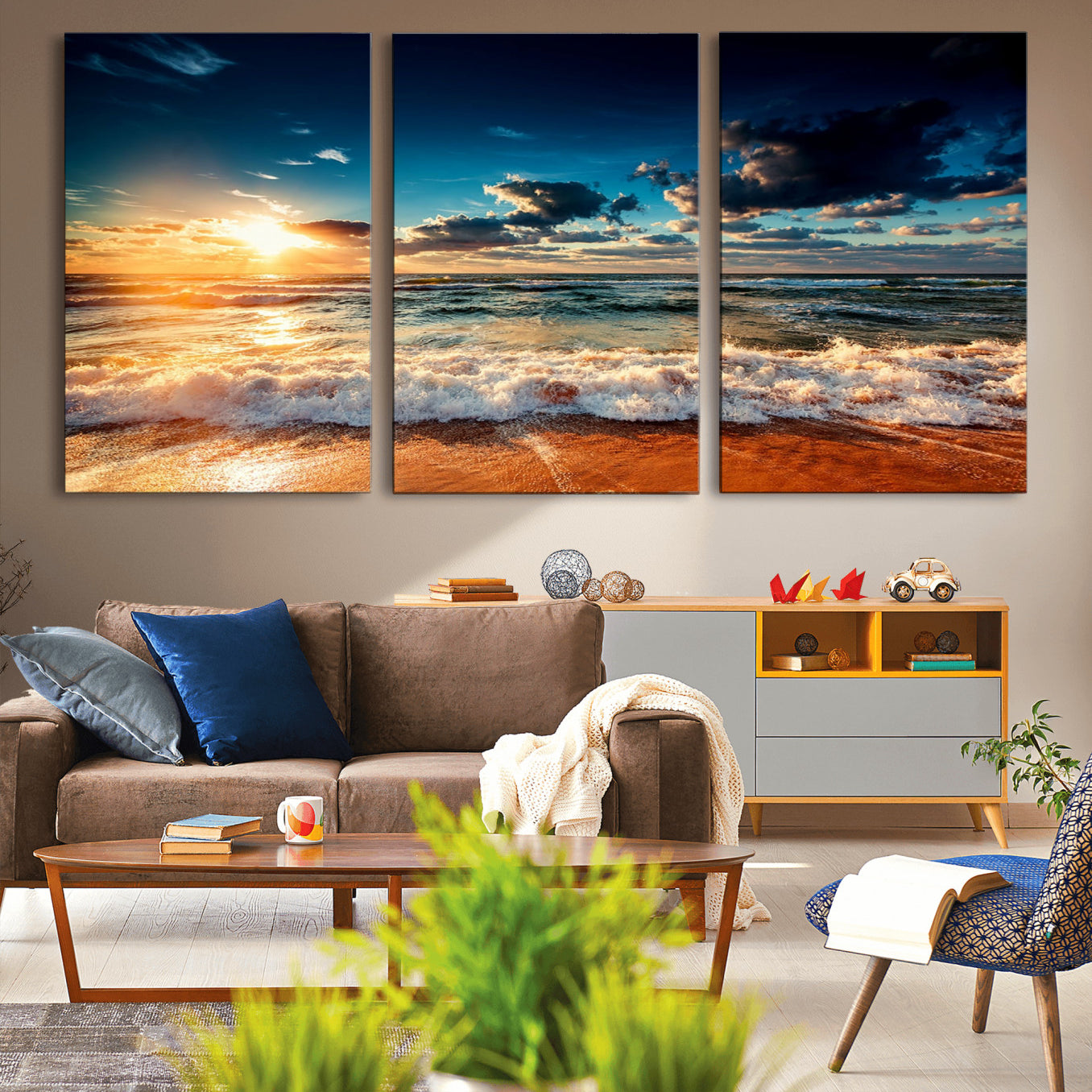 -Golden Hour Sunset Over Ocean Waves Wall Art Canvas Print | 3 Panel Coastal Landscape Canvas Wall