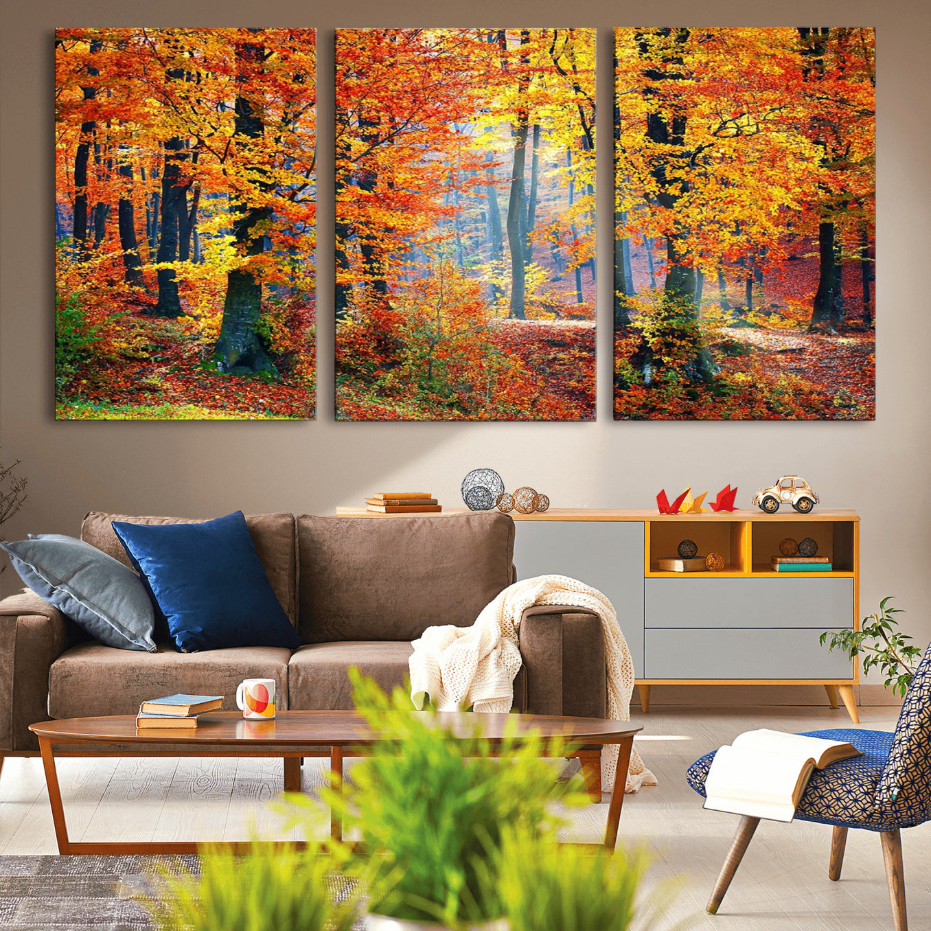 91746-MGV-CV-36X24-Autumn Red Forest Triptych Canvas Wall Art Print, Forest Wall Decor, Fall Landscape Art | Season