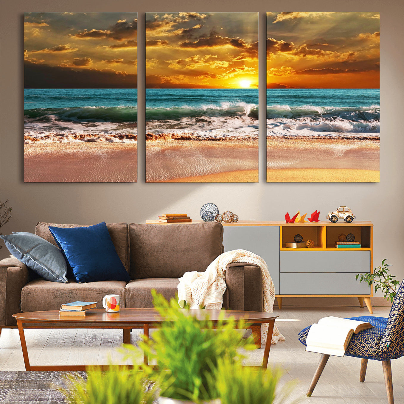 -Golden Sunset Beach Canvas Wall Art – Triptych Seascape Print – Framed and Ready to Hang for Living