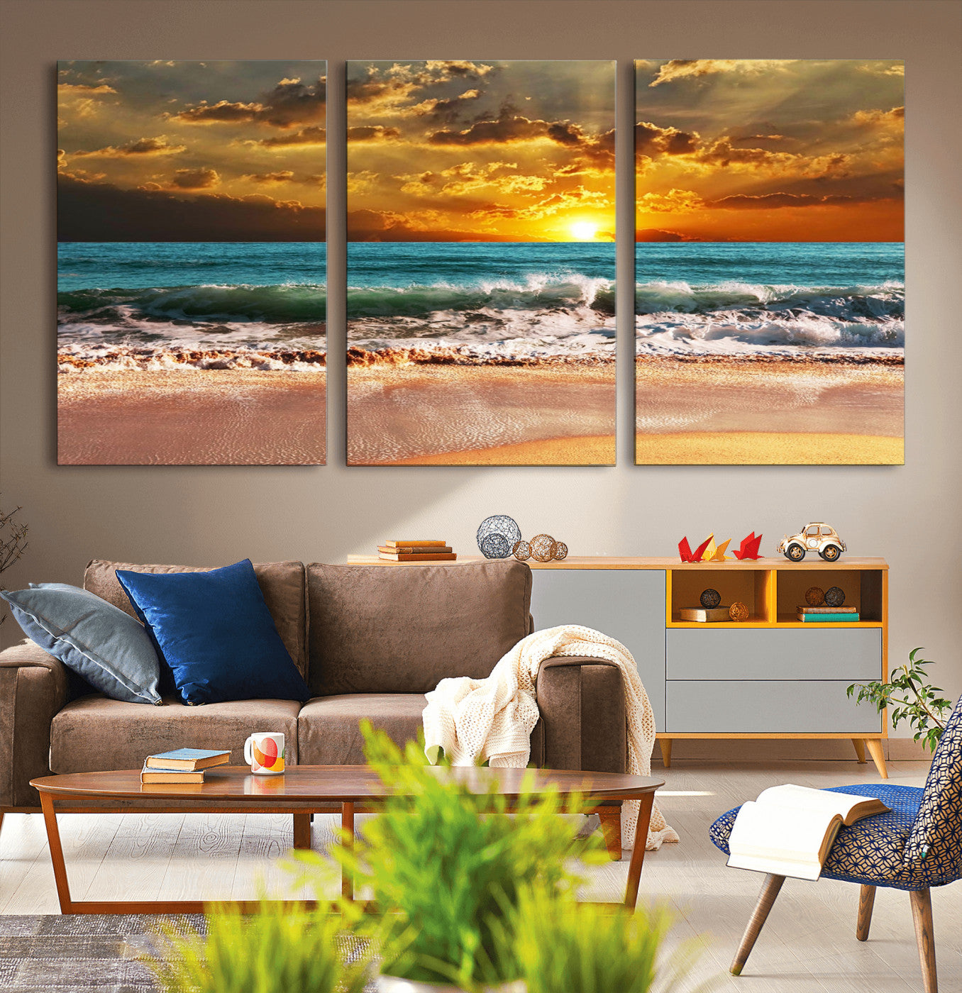 -Golden Sunset Beach Canvas Wall Art – Triptych Seascape Print – Framed and Ready to Hang for Living