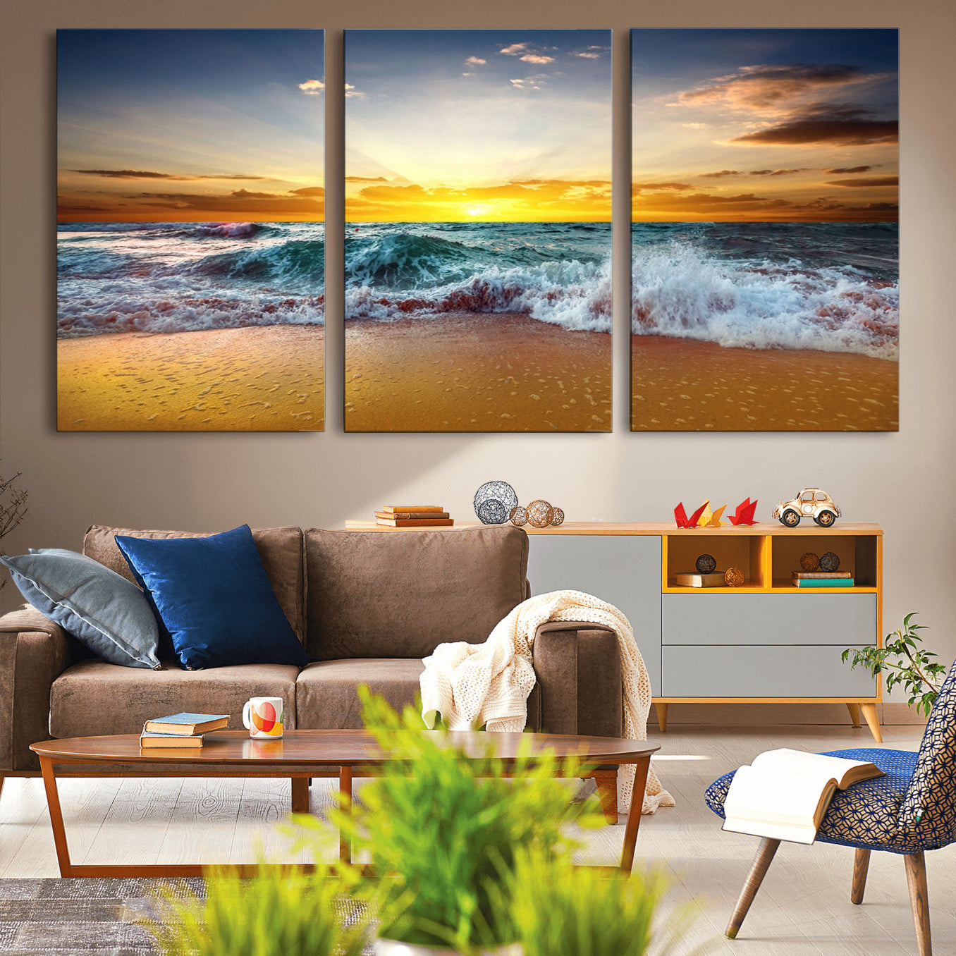 -Golden Sunset Ocean Waves Wall Art Canvas Print – Multi Panel Beach Canvas Print Set – Large Coastal