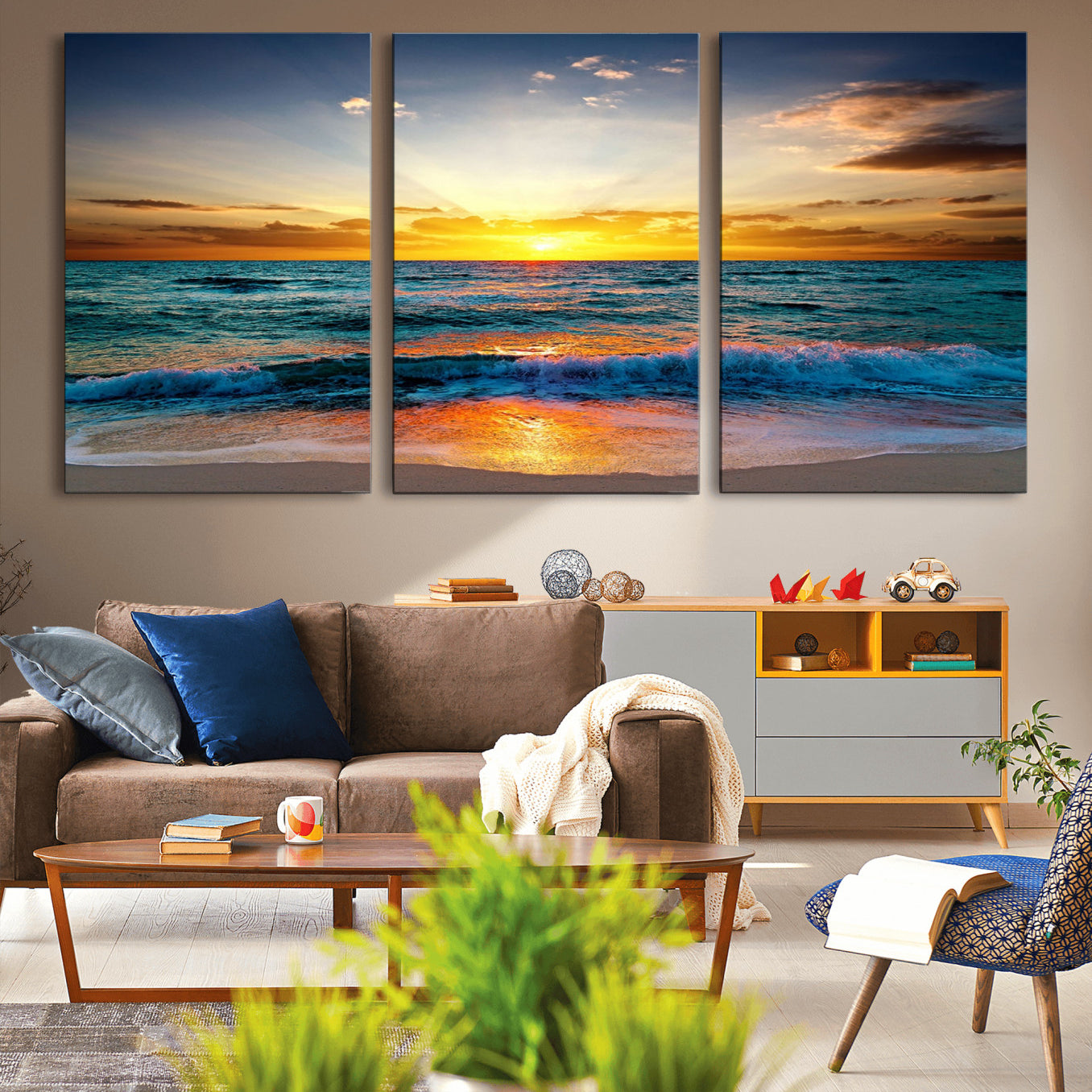 -Vibrant Ocean Sunrise Over Golden Beach Waves, Giclee Canvas Wall Art Set, High-Quality Stretched