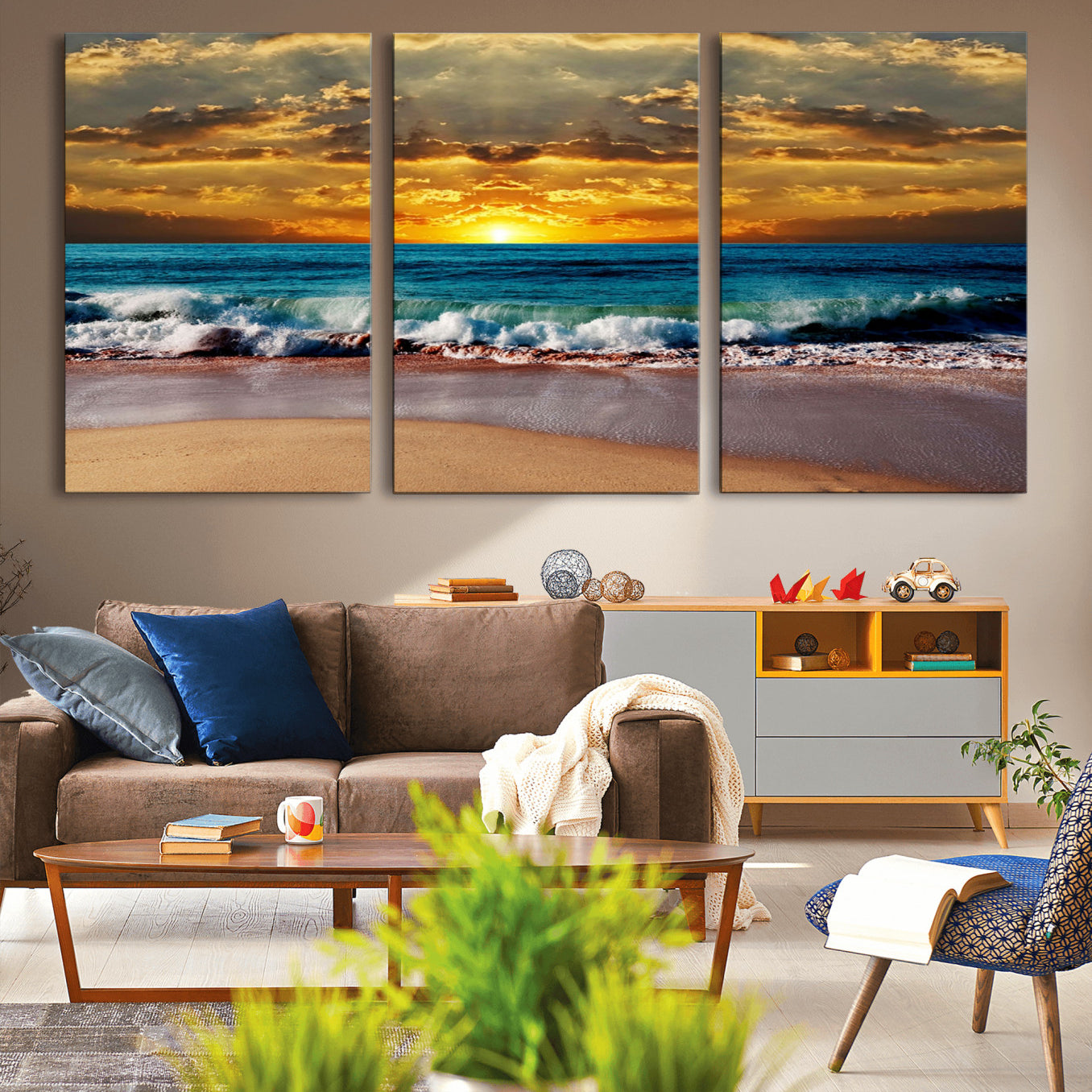 83389-MGV-CV-36X24-Ocean Sunrise Over Golden Beach Waves, Giclee Canvas Wall Art Set, High-Quality Stretched Canvas