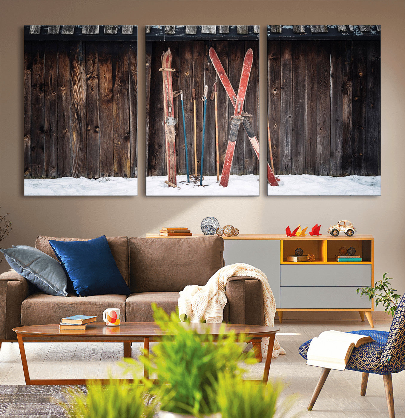 78590-MGV-CV-60X30-3P-Vintage Ski Gear Canvas Print, Vintage Ski Gear Against Wooden Cabin Wall, Rustic Winter Sports