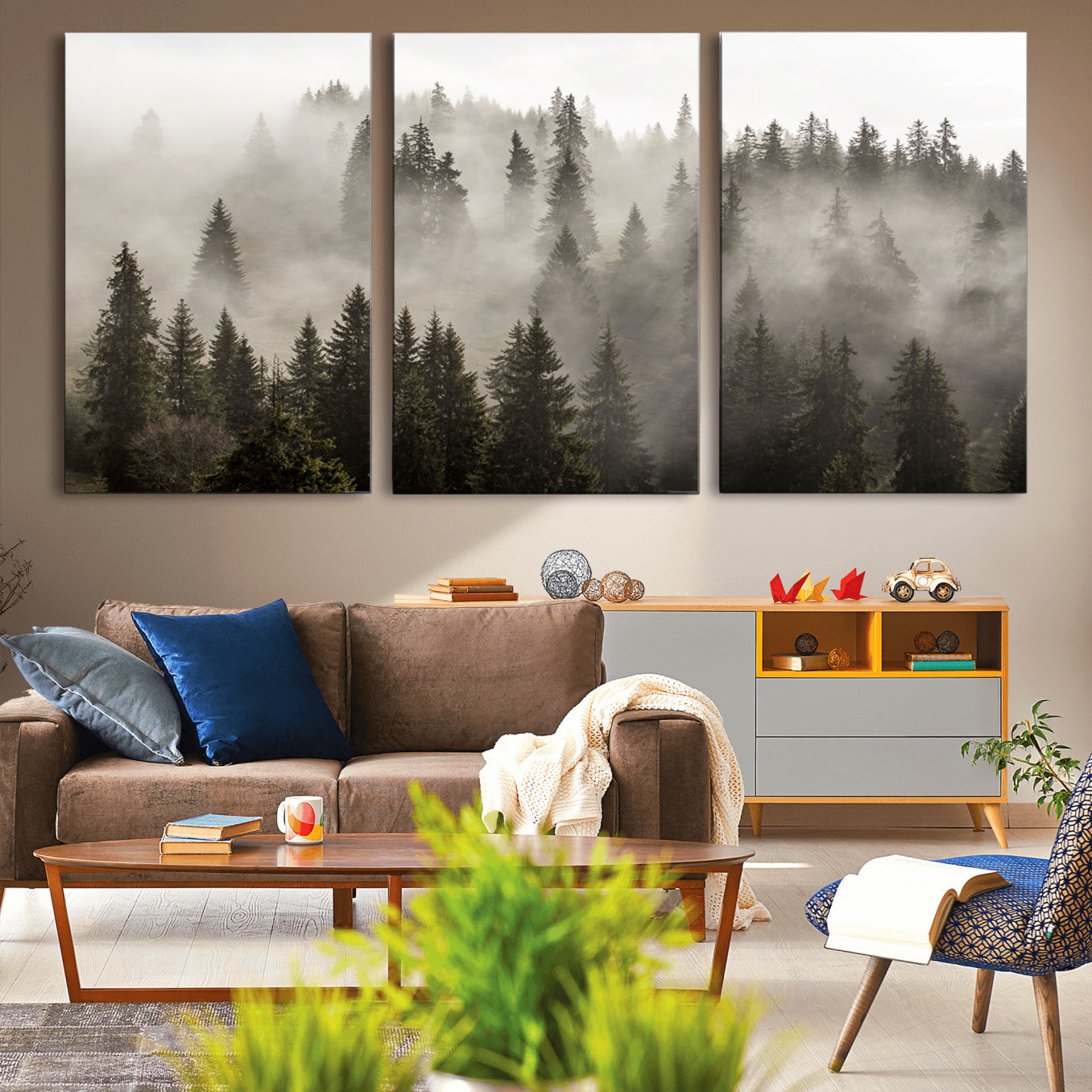62862-MGV-CV-36X24-Foggy Mountain Wall Art | 3-Panel Foggy Forest and Mountain Landscape | Large Giclee Print for