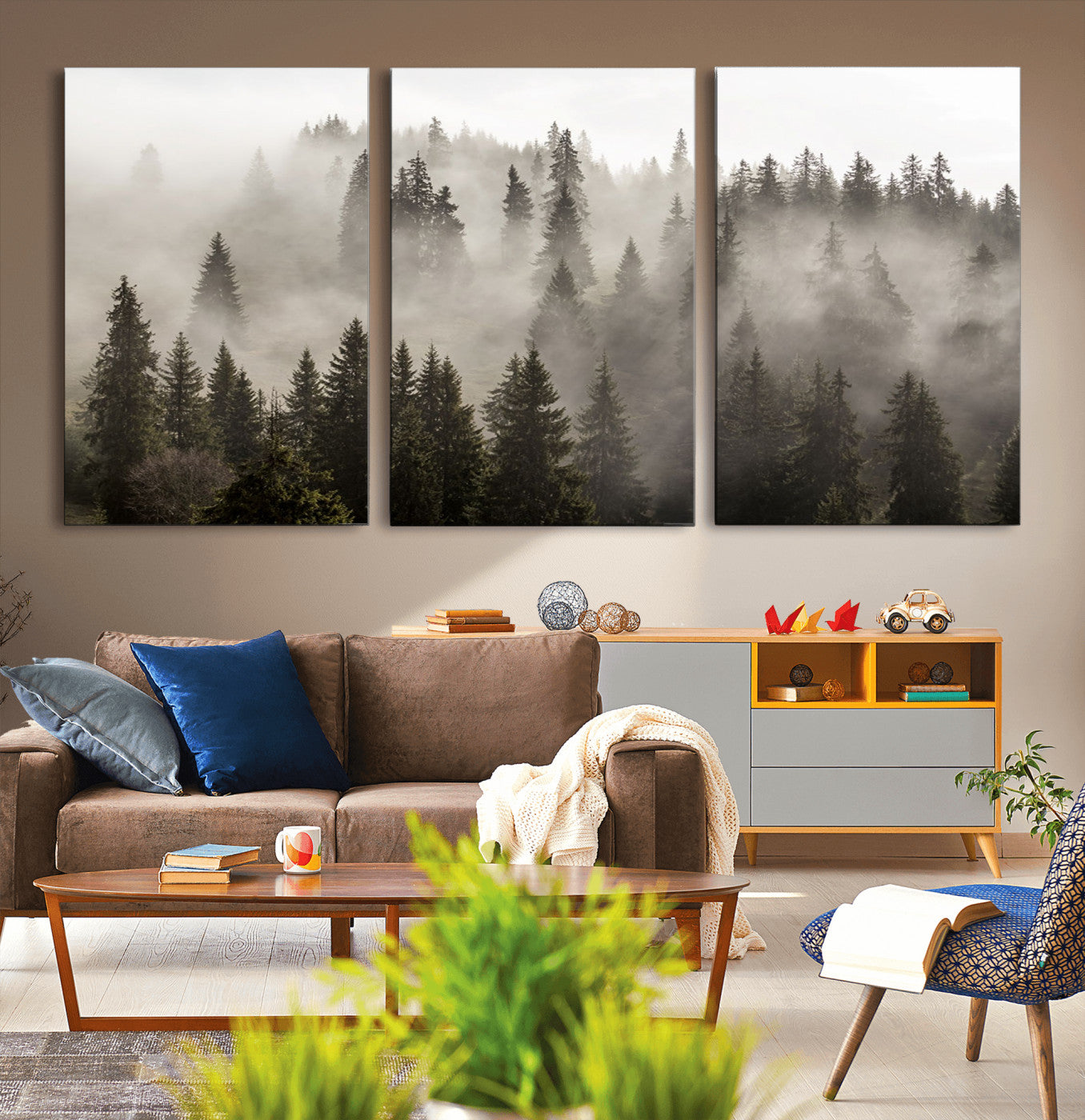 62862-MGV-CV-36X24-Foggy Mountain Wall Art | 3-Panel Foggy Forest and Mountain Landscape | Large Giclee Print for