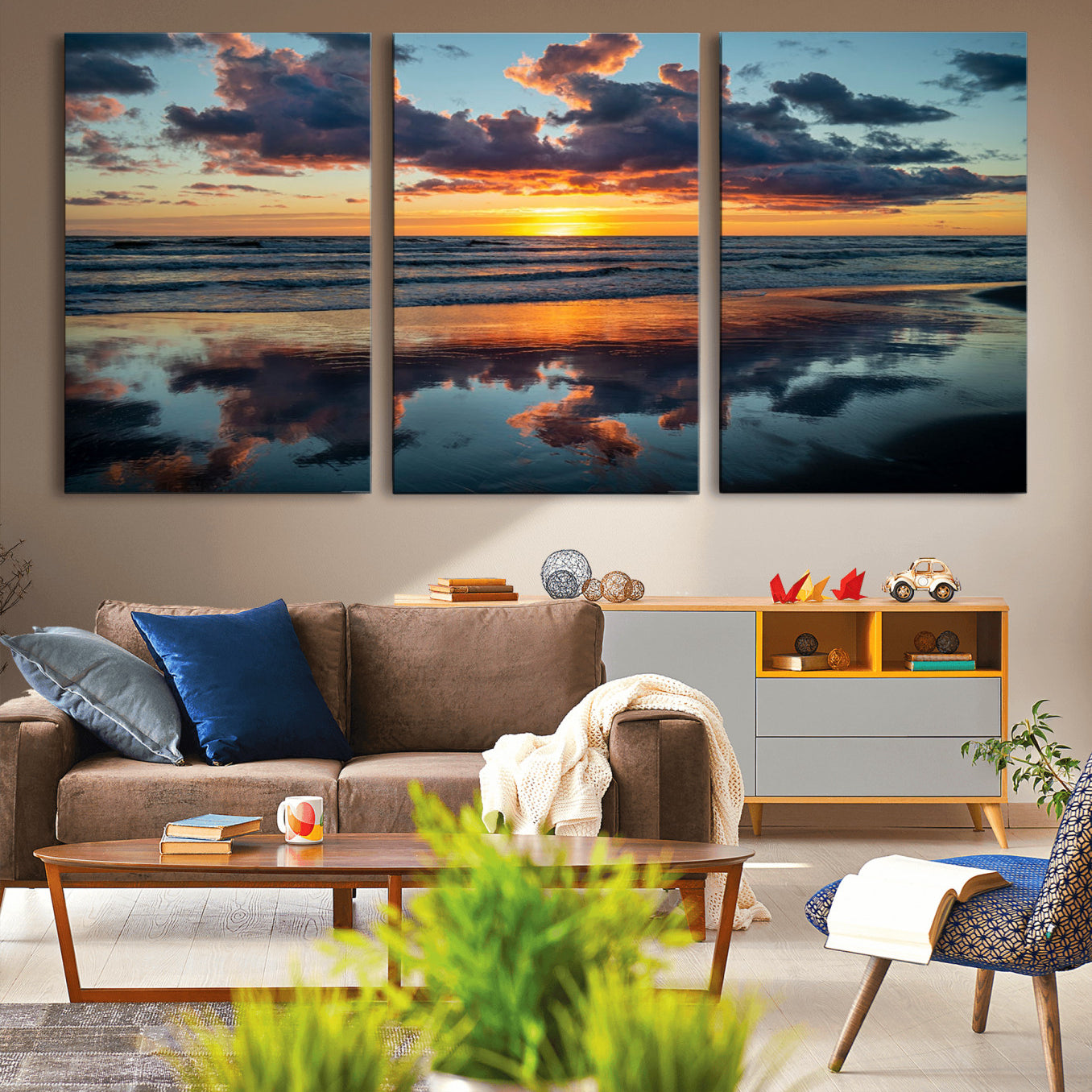 -Beach Sunset Print - Stunning Ocean Canvas Artwork with Sunset Reflection Design for Elegant Home or