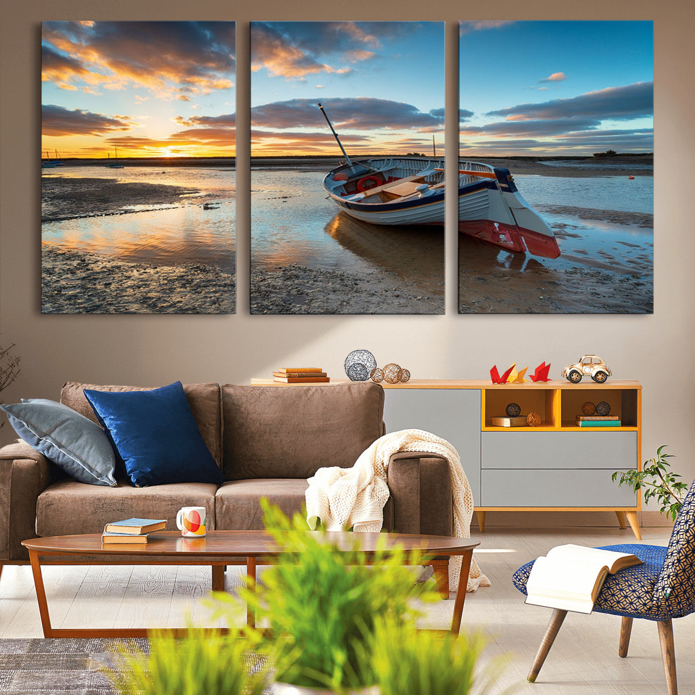 -Small Boat At The Beach Sunset Wall Art, Boat Sunset Wall Art Canvas Print