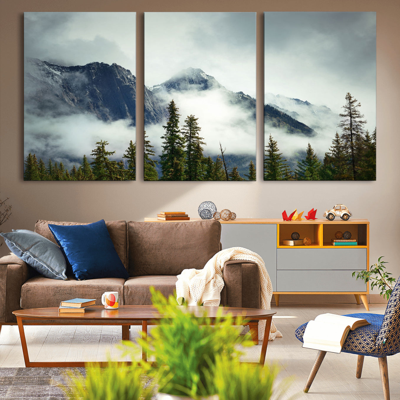 93219-MGV-CV-36X24-Mountain Mist Canvas Wall Art Print | 3-Panel Foggy Forest and Mountain Landscape | Large Giclee