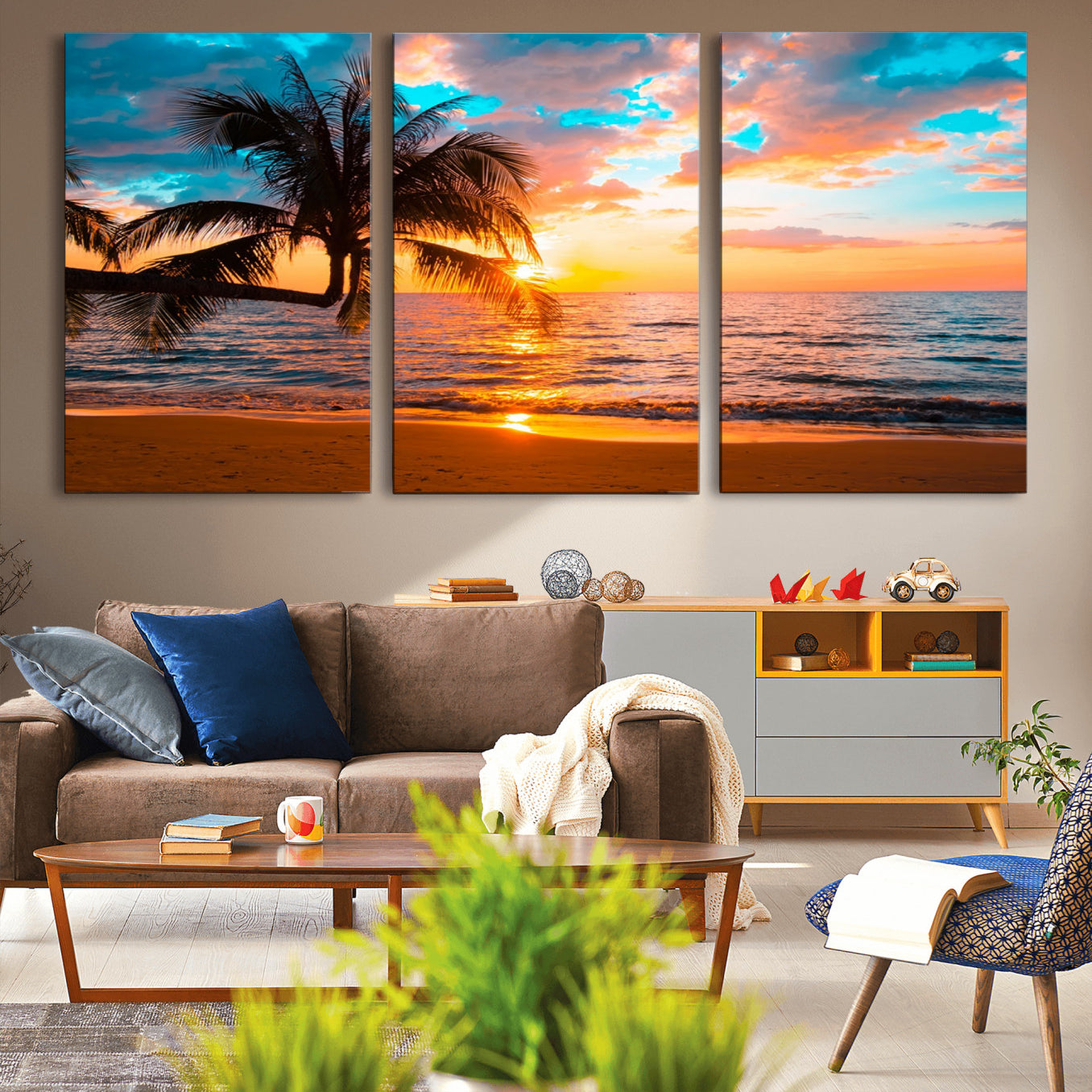 34674-MGV-CV-36X24-Palm Tree Sunset On The Beach Wall Art Canvas, Framed Palm Tree Sunset Canvas Print