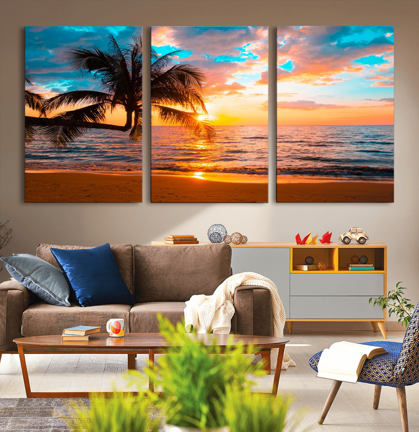 -Palm Tree Sunset On The Beach Wall Art Canvas, Framed Palm Tree Sunset Canvas Print