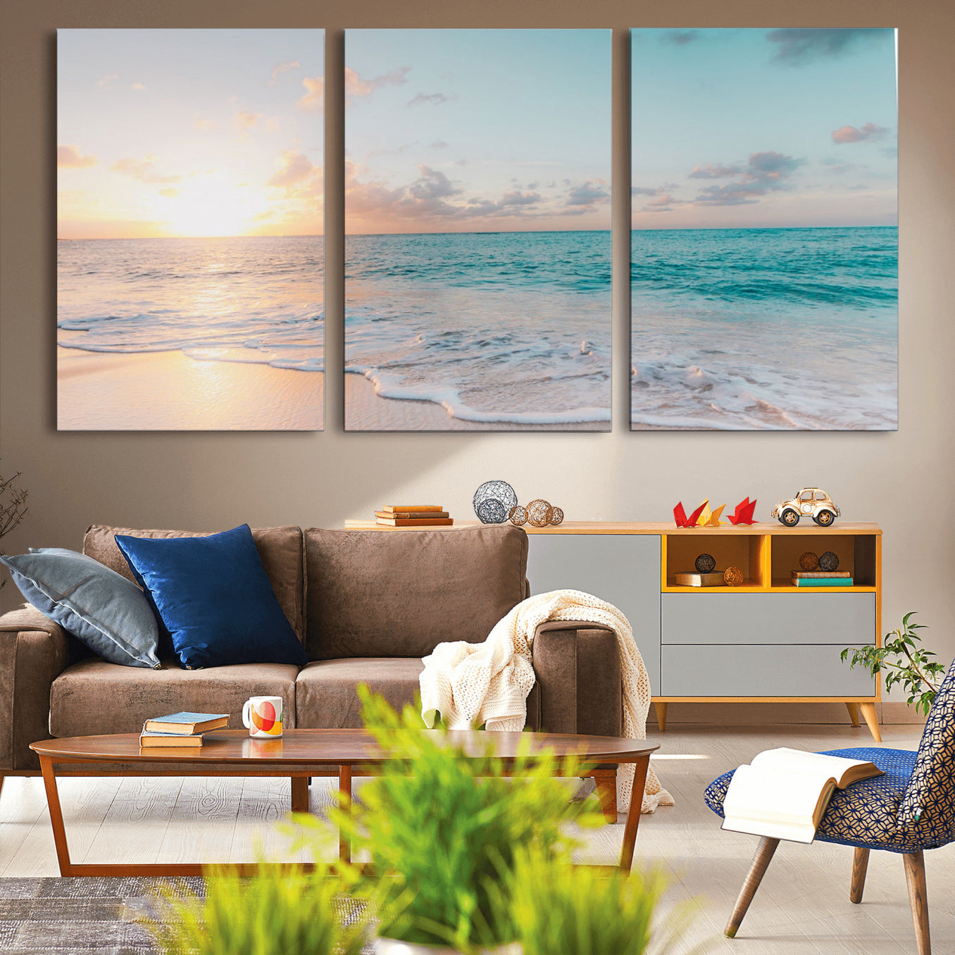 -Tranquil Ocean Beach Sunset Canvas Wall Art | 3-Panel Coastal Decor
