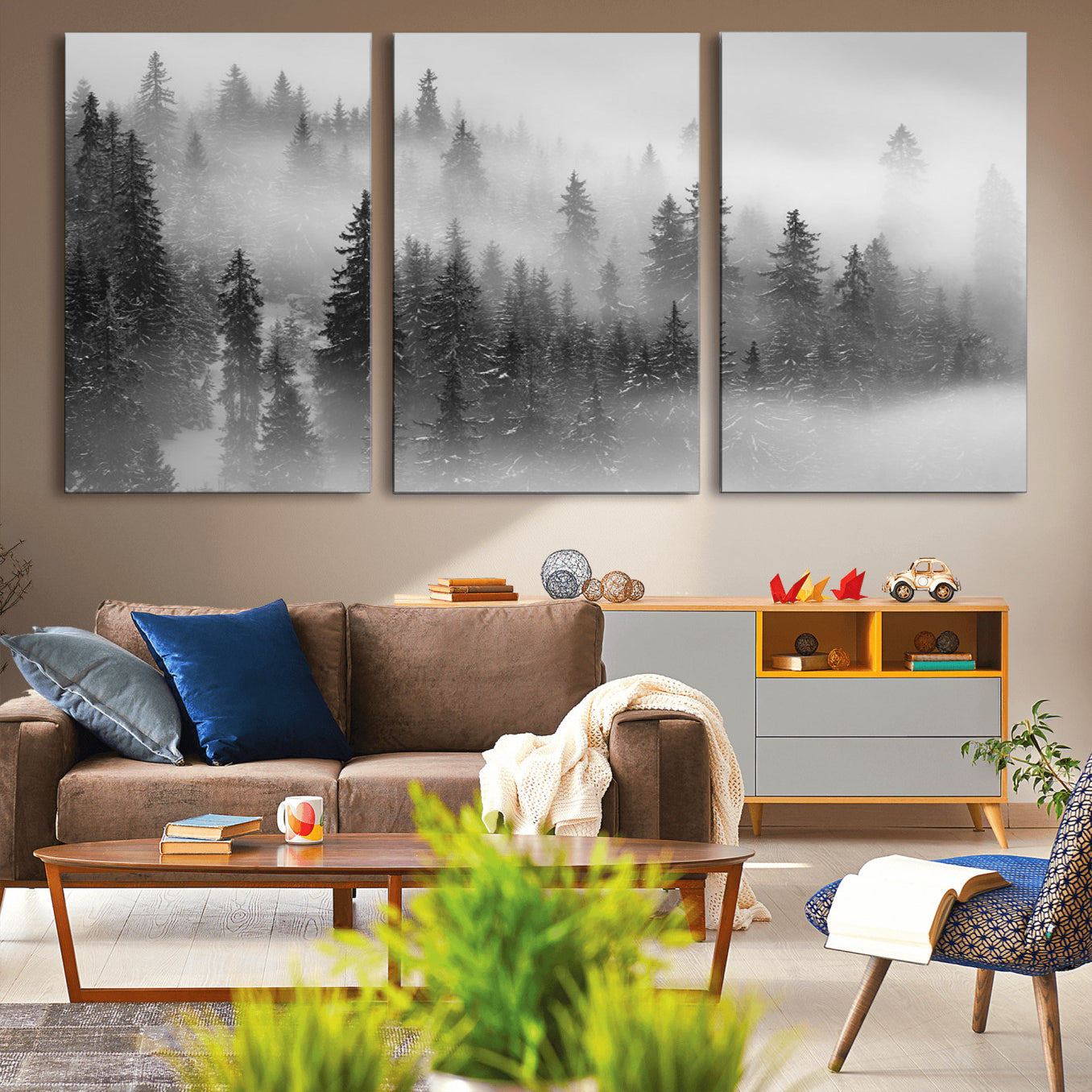57235-MGV-CV-36X24-Foggy Misty Forest Canvas Wall Art – Black and White Landscape – Framed and Ready to Hang Modern